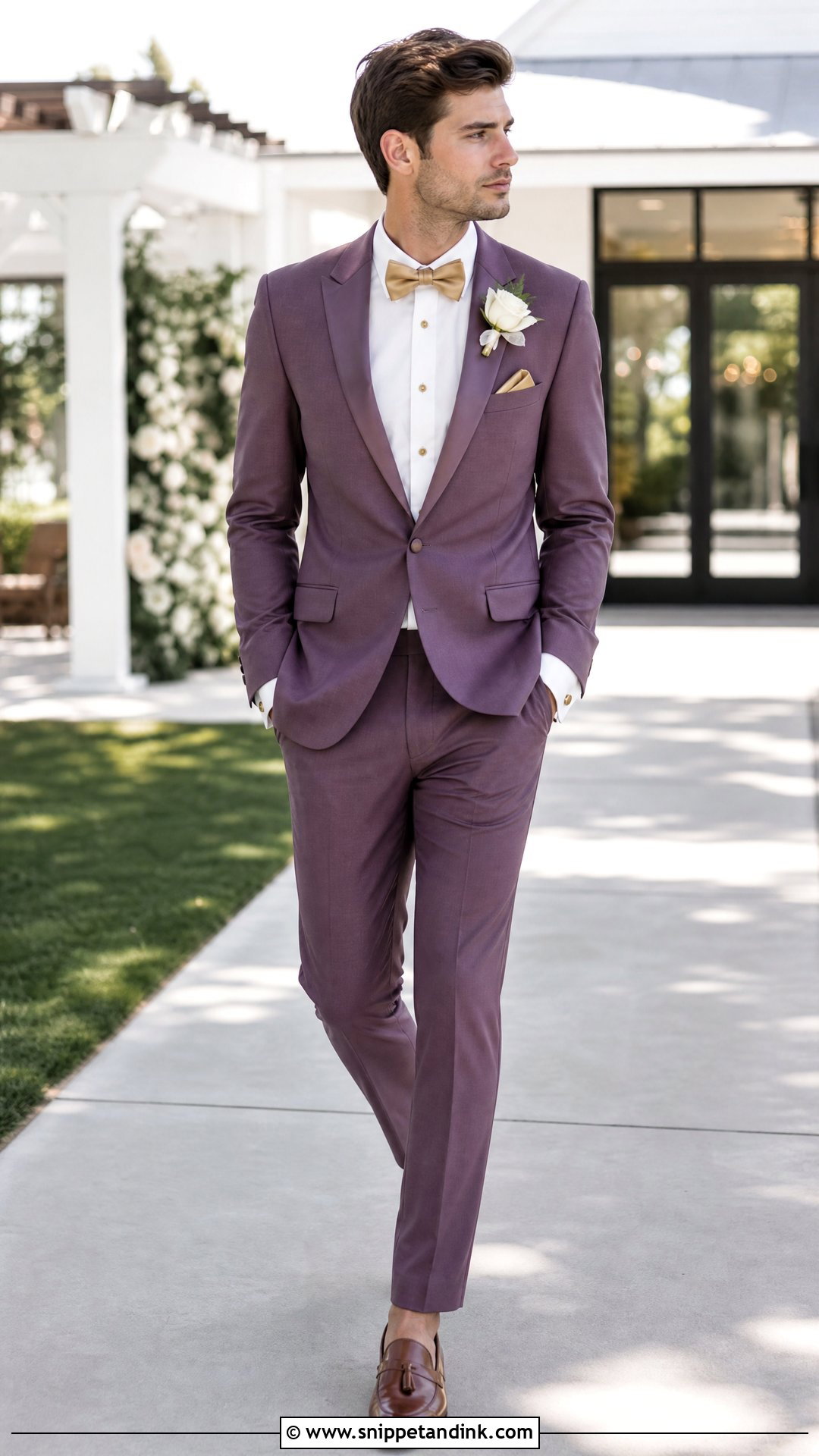Dusty Purple Tuxedo With Gold Bow Tie - Snippet and Ink - 20 Purple Tuxedo Wedding Ideas