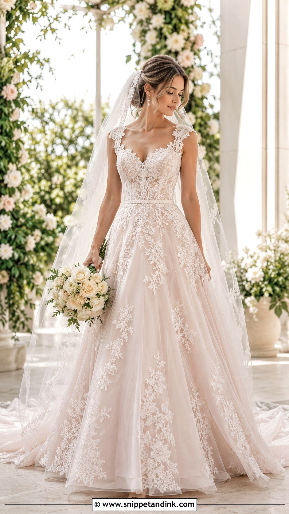 Dusty Rose A Line Wedding Dress With Lace Veil - Snippet and Ink - 20 Dusty Rose Wedding Dress Ideas