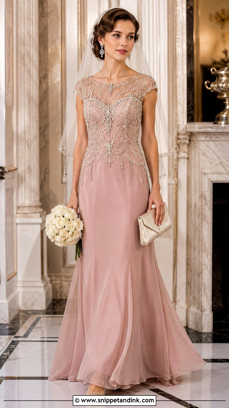 Dusty Rose Beaded Wedding Dress With Vintage Accessories - Snippet and Ink - 20 Dusty Rose Wedding Dress Ideas