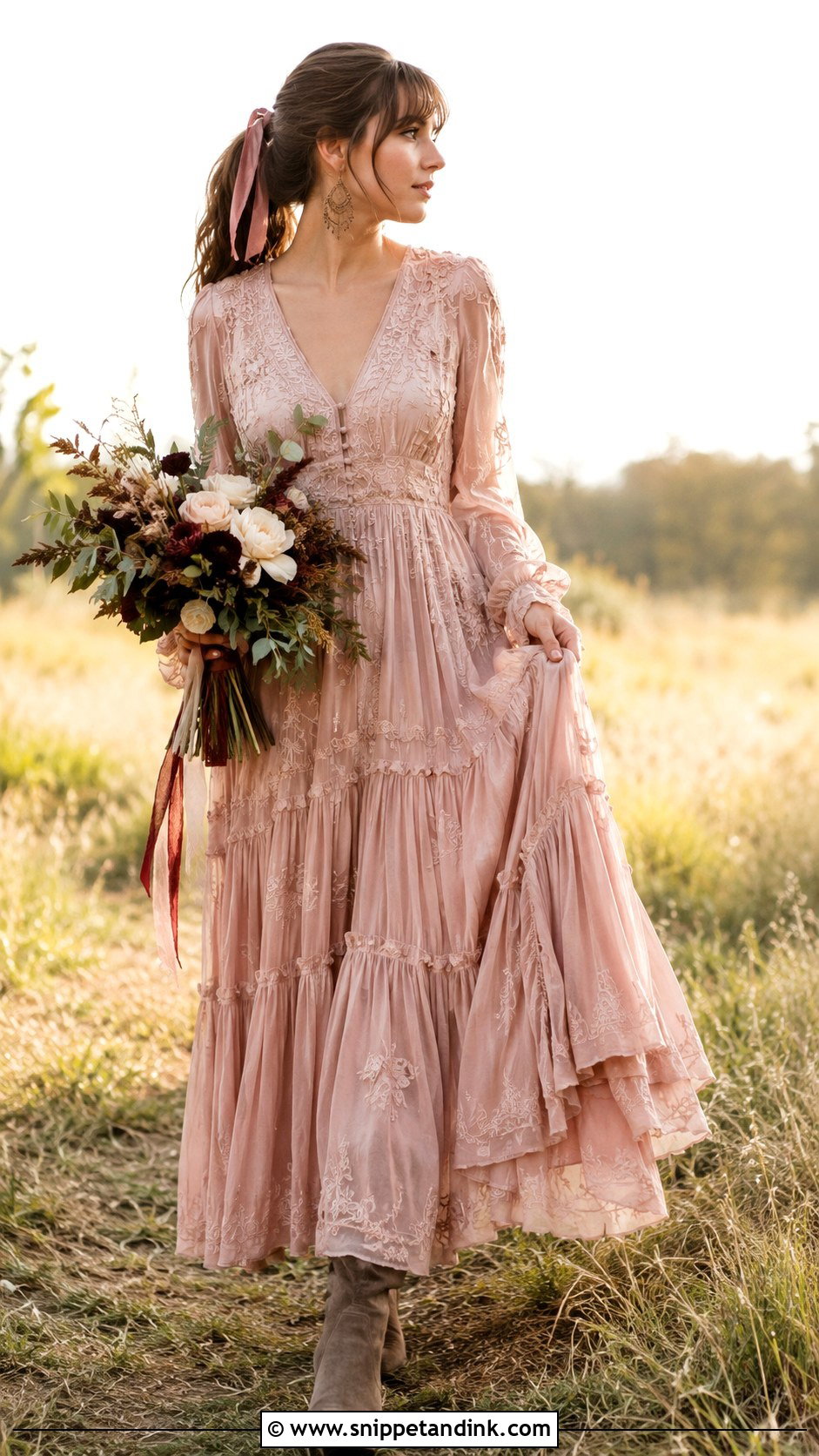 Dusty Rose Bohemian Wedding Dress With A Prairie Skirt - Snippet and Ink - 20 Earthy Wedding Dress Bohemian Ideas