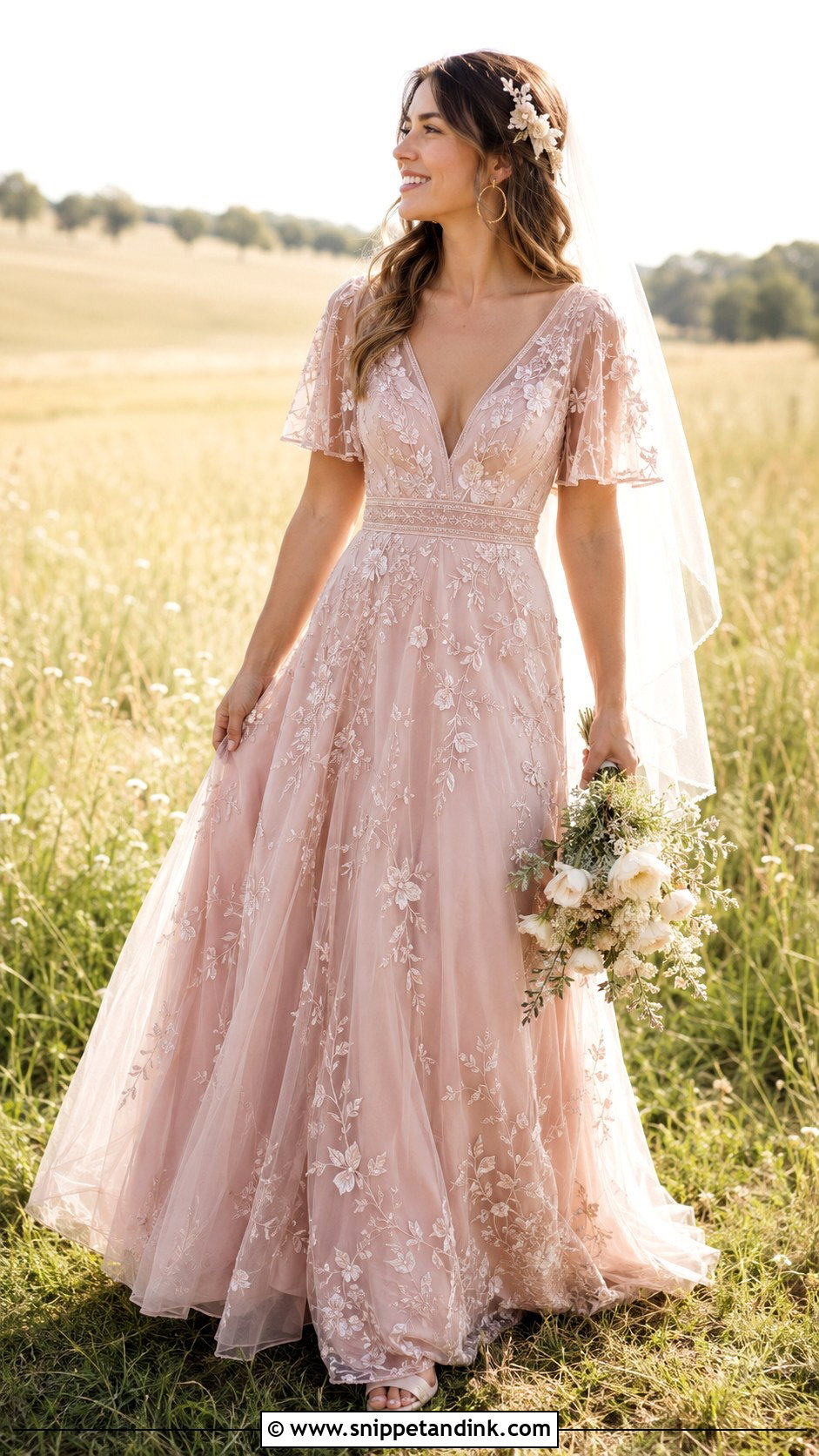 Dusty Rose Boho Wedding Dress With Flutter Sleeves - Snippet and Ink - 20 Dusty Rose Wedding Dress Ideas
