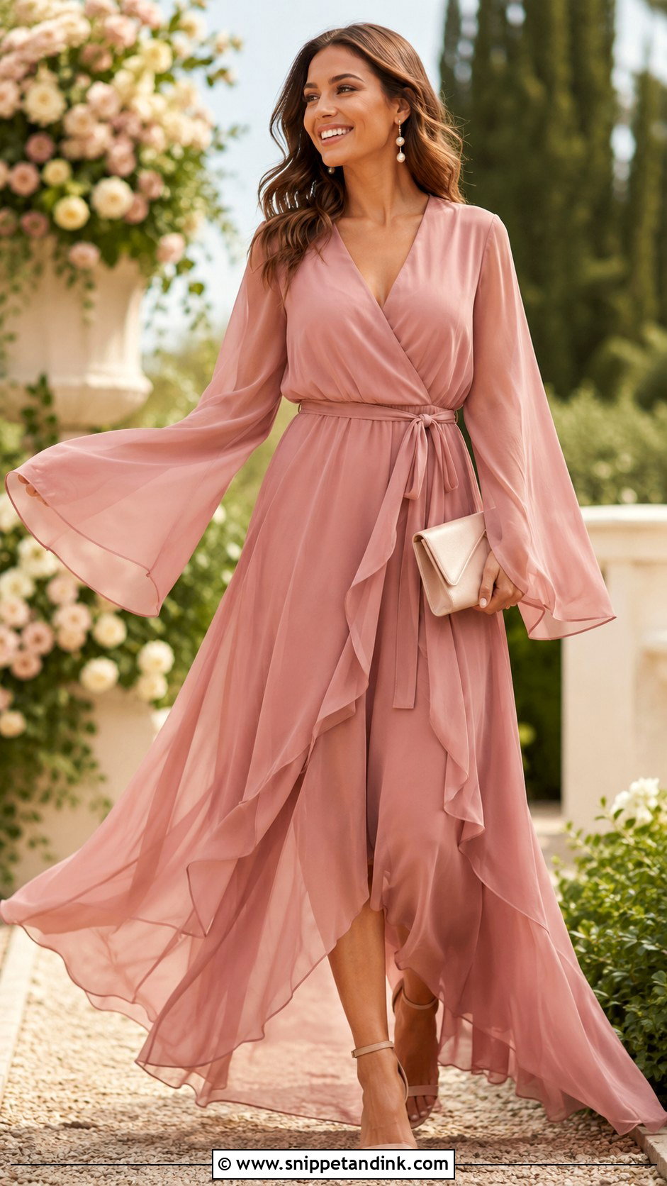 Dusty Rose Chiffon Bell Sleeve Gown - Snippet and Ink - 20 Bell Sleeve Gown Ideas