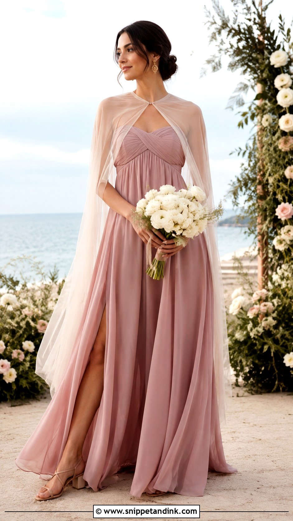 Dusty Rose Chiffon Wedding Dress With Bridal Cape - Snippet and Ink - 20 Dusty Rose Wedding Dress Ideas