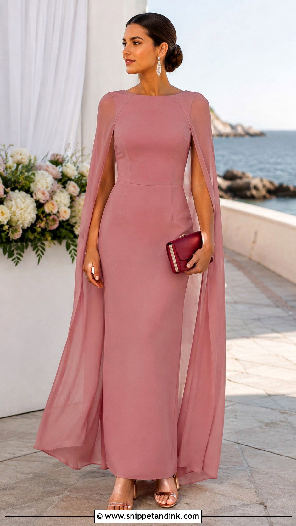 Dusty Rose Coastal Formal Cape Dress - Snippet and Ink - 20 Coastal Formal Wedding Attire Ideas