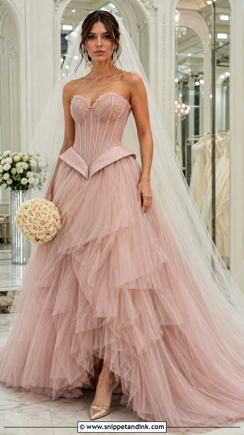 Dusty Rose Corset Wedding Dress With Basque Waist - Snippet and Ink - 20 Dusty Rose Wedding Dress Ideas