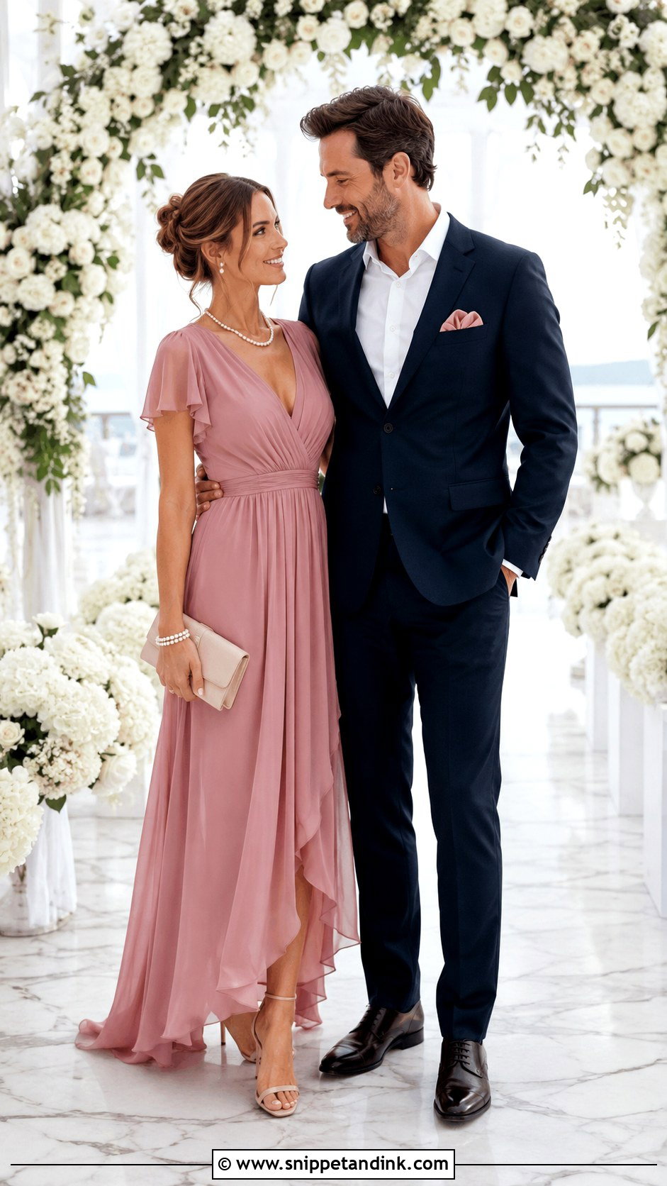 Dusty Rose Dress And Midnight Blue Suit Wedding Outfit - Snippet and Ink - 25 Couple Contrast Outfits for Wedding