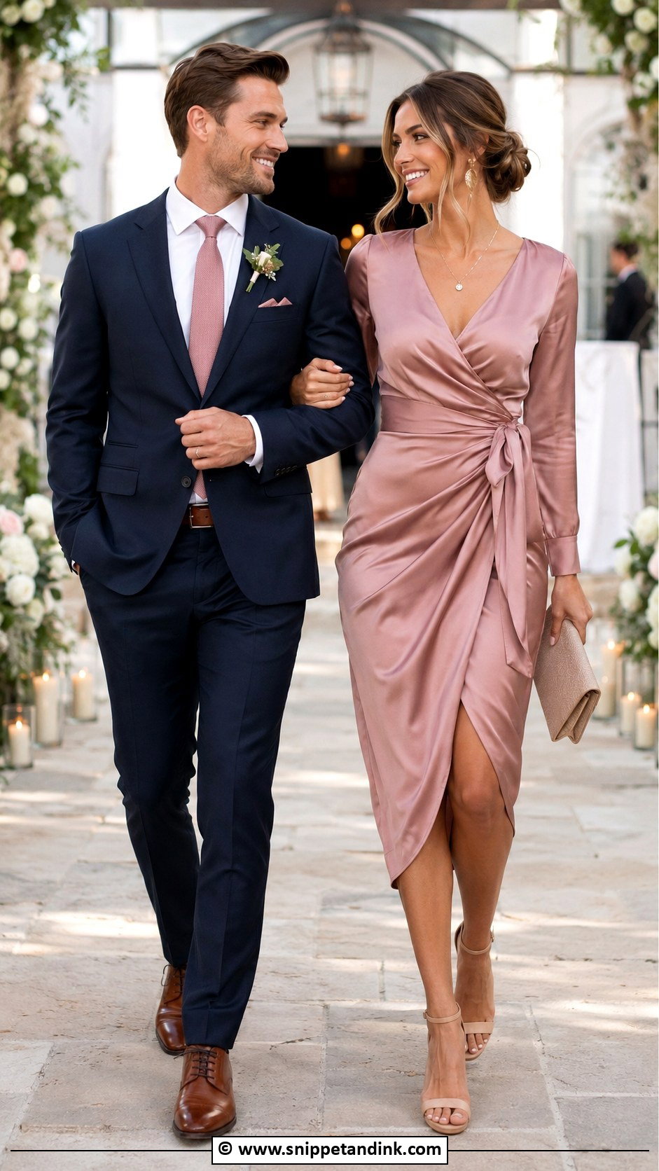 Dusty Rose Dress And Navy Suit Wedding Matching Outfit - Snippet and Ink - 35 Wedding Matching Outfits