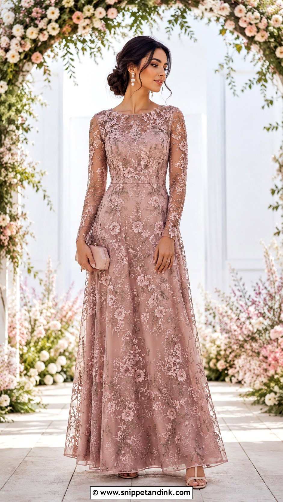 Dusty Rose Embroidered Long Sleeve Gown - Snippet and Ink - 20 Elegant Long Sleeve Gown Ideas