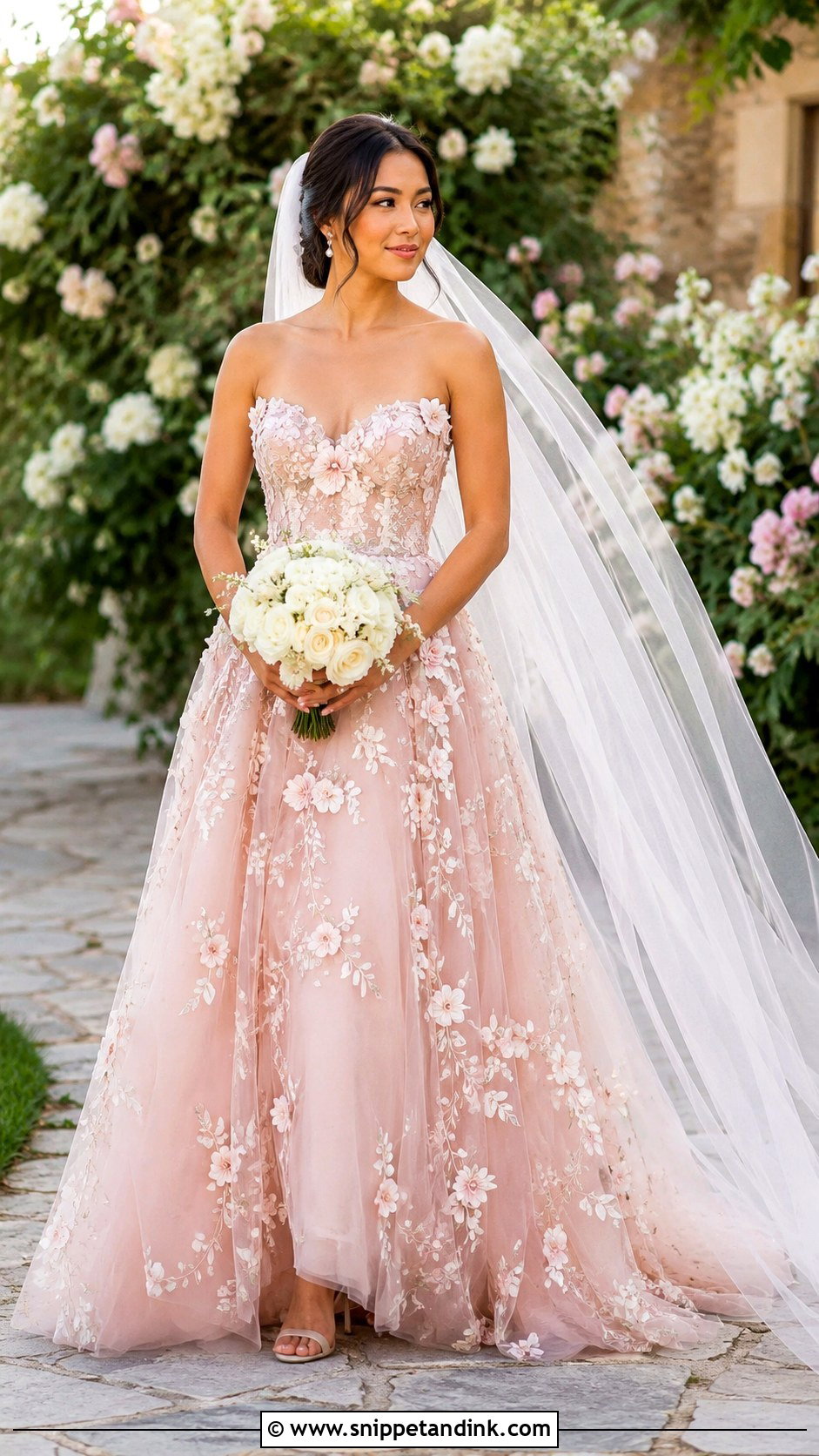 Dusty Rose Floral Applique Wedding Dress With Tulle Veil - Snippet and Ink - 20 Dusty Rose Wedding Dress Ideas