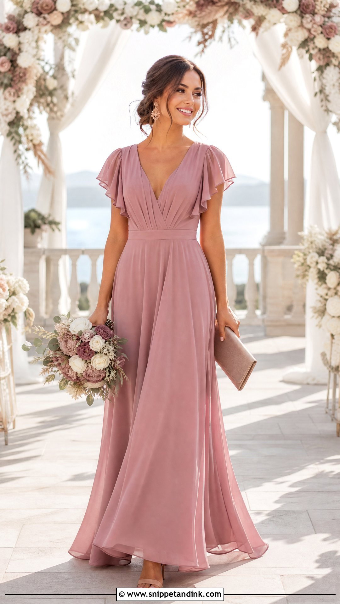 Dusty Rose Flutter Sleeve Bridesmaid Dress - Snippet and Ink - 20 Bride's Maid Dress Ideas