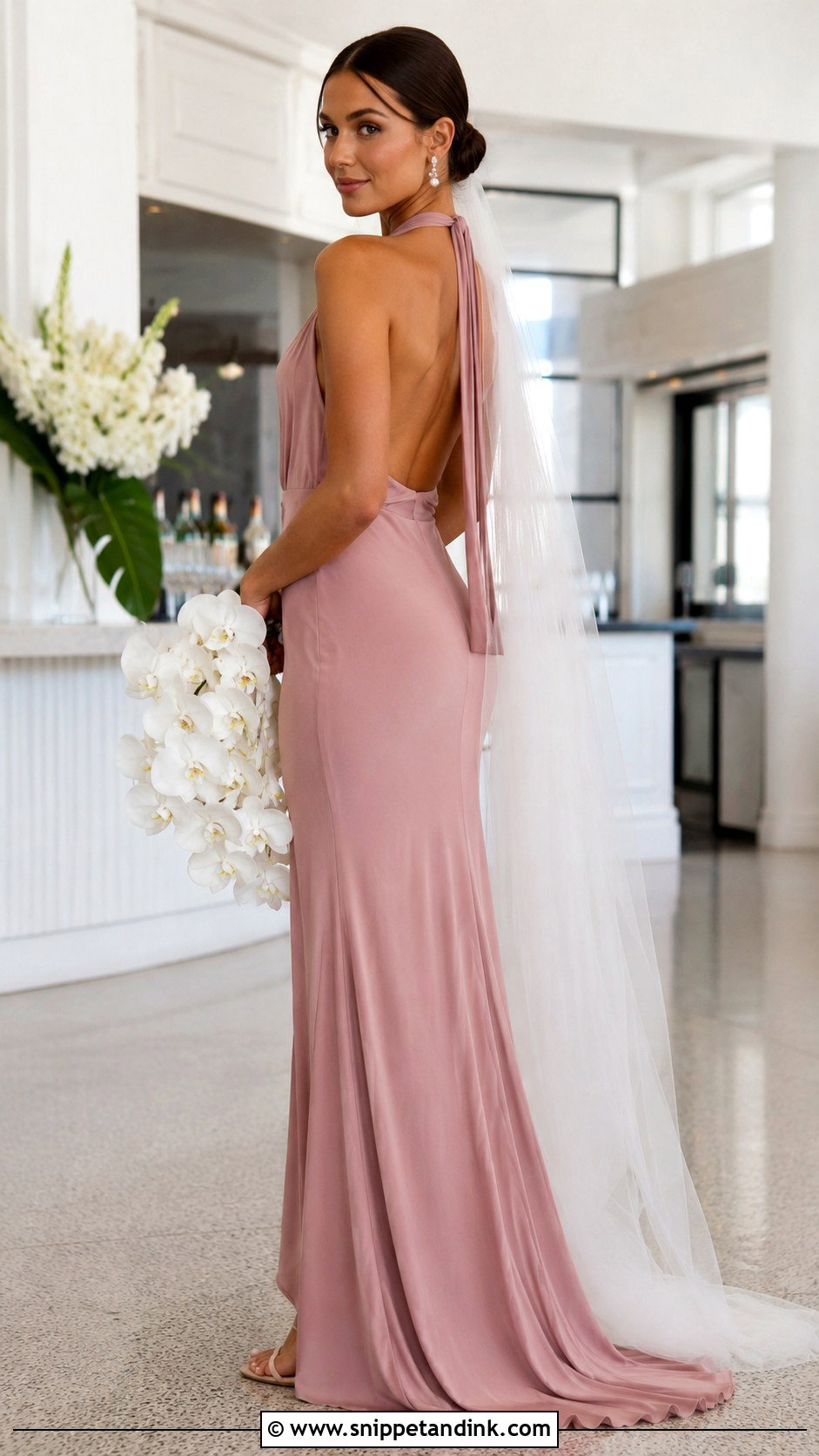 Dusty Rose Halter Wedding Dress With Low Bun - Snippet and Ink - 20 Dusty Rose Wedding Dress Ideas