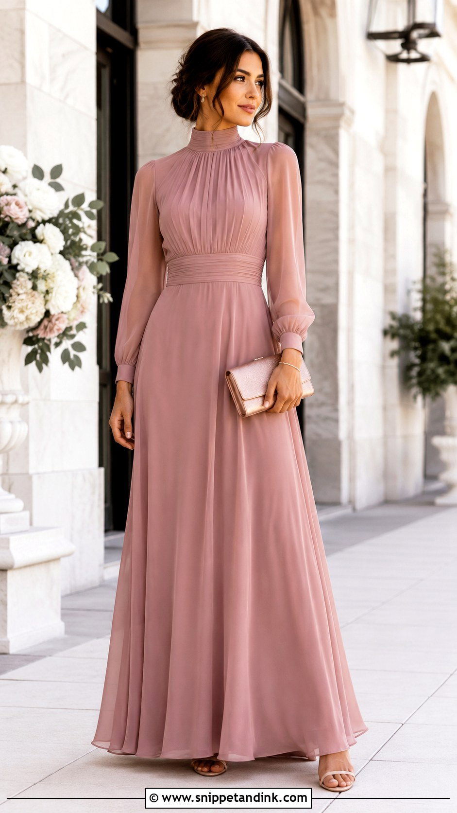 Dusty Rose High Neck Gown With Nude Heels - Snippet and Ink - 20 Simple Gown Ideas