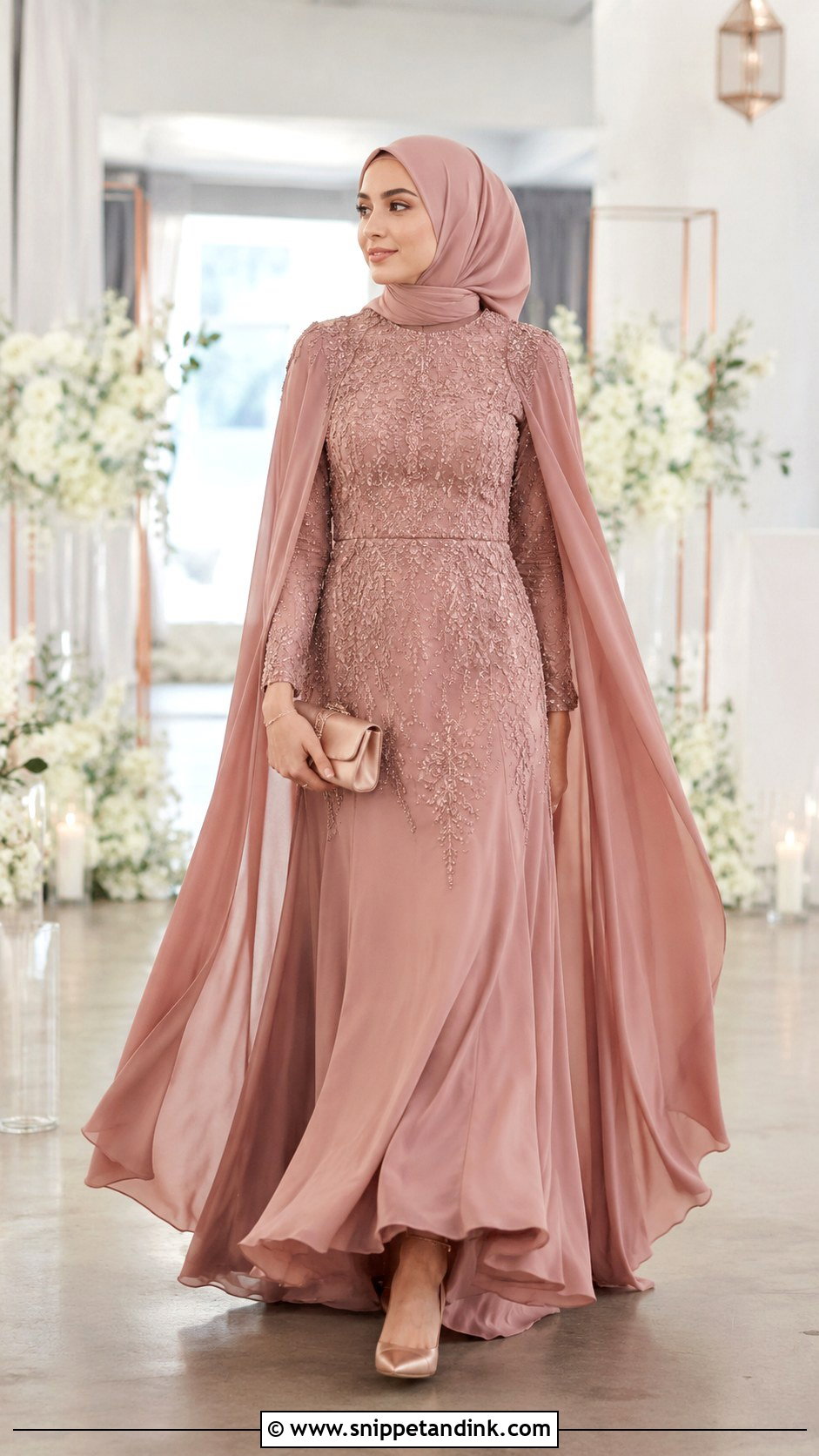 Dusty Rose Islamic Bridal Dress With Draped Cape - Snippet and Ink - 20 Islamic Bride Dress Ideas
