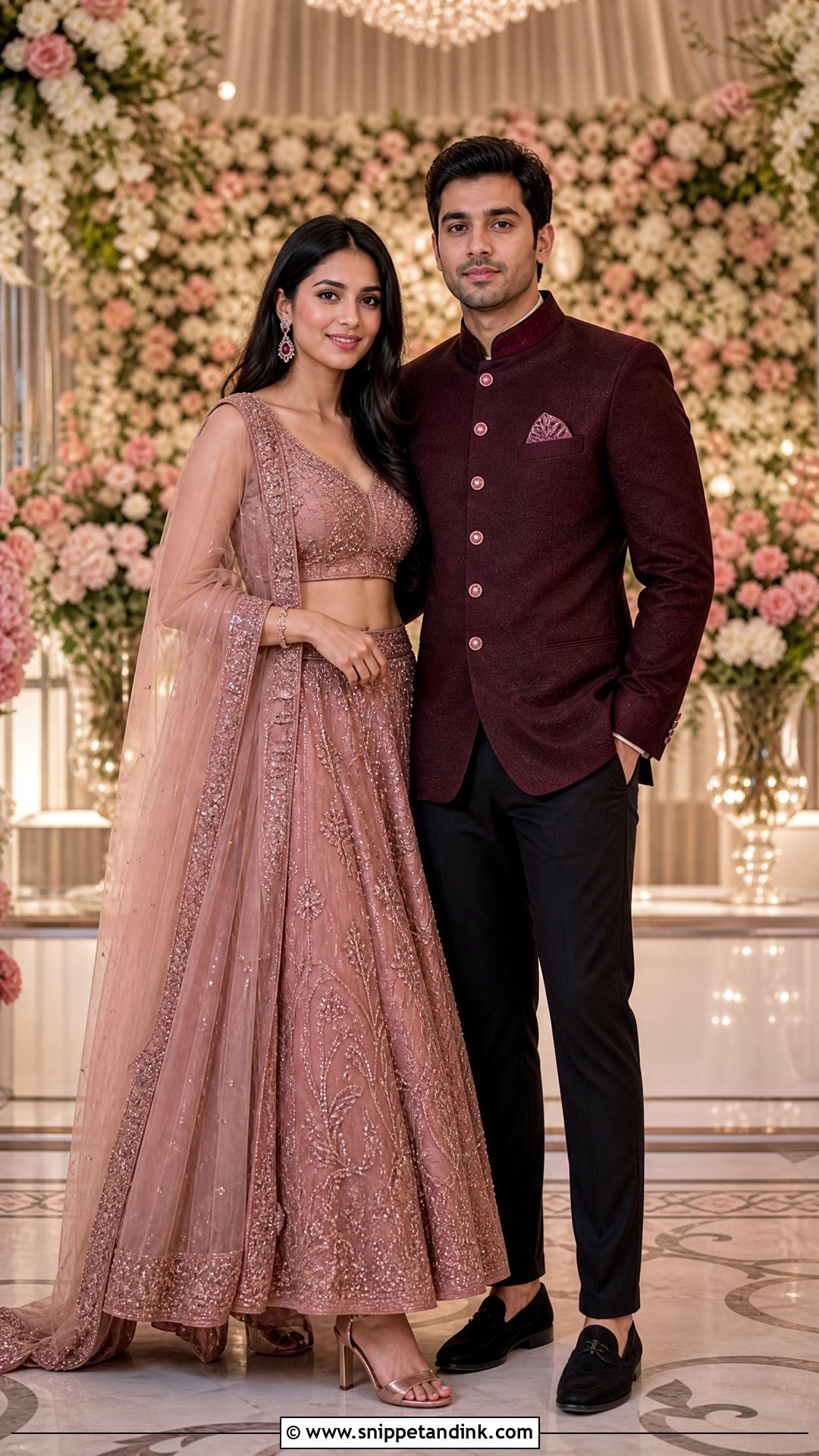 Dusty Rose Lehenga And Burgundy Bandhgala Sangeet Couple Outfit - Snippet and Ink - 25 Sangeet Couple Outfits