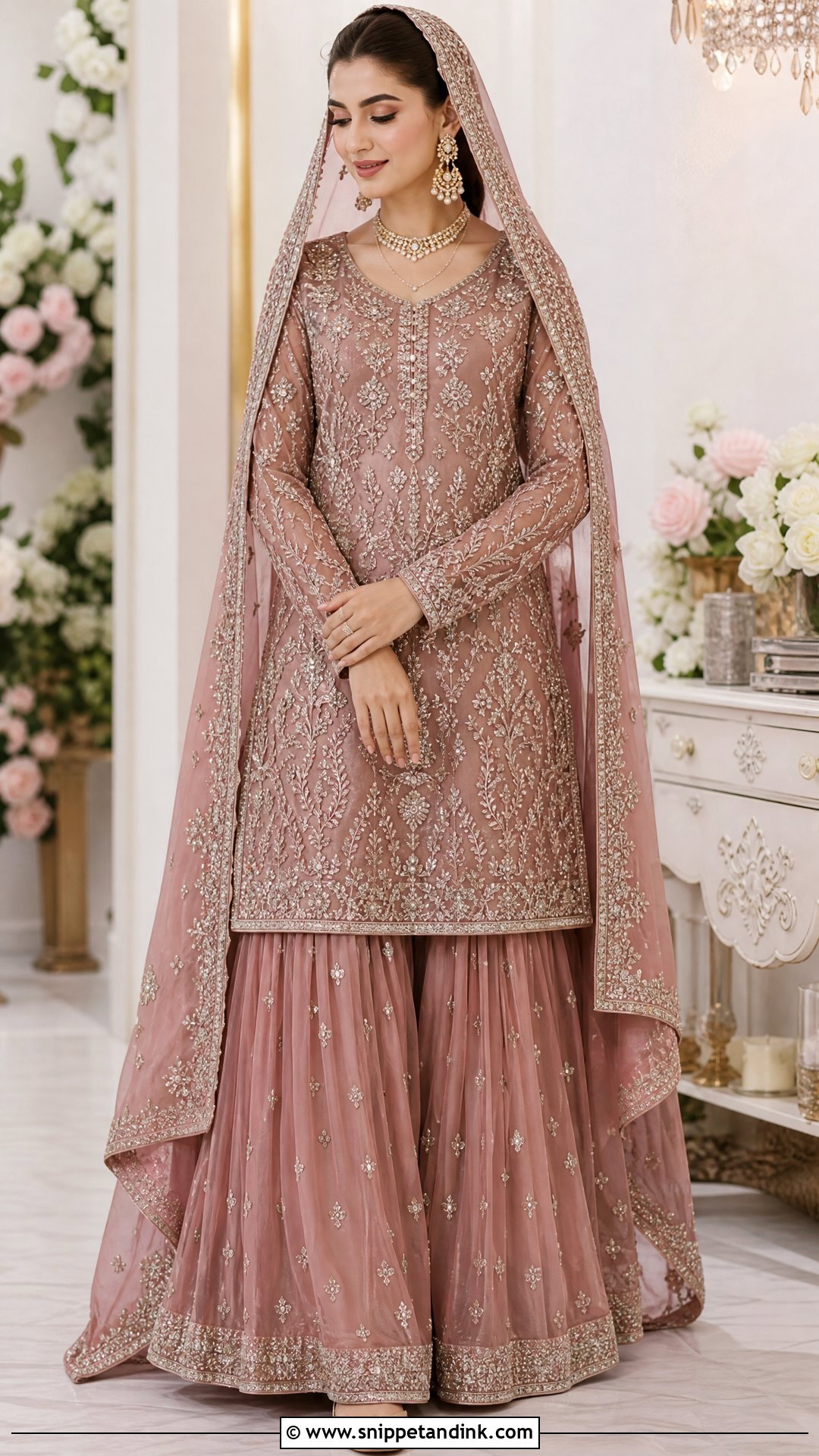 Dusty Rose Long Shirt Nikah Dress With Sharara - Snippet and Ink - 20 Pakistani Bridal Nikah Dress Ideas