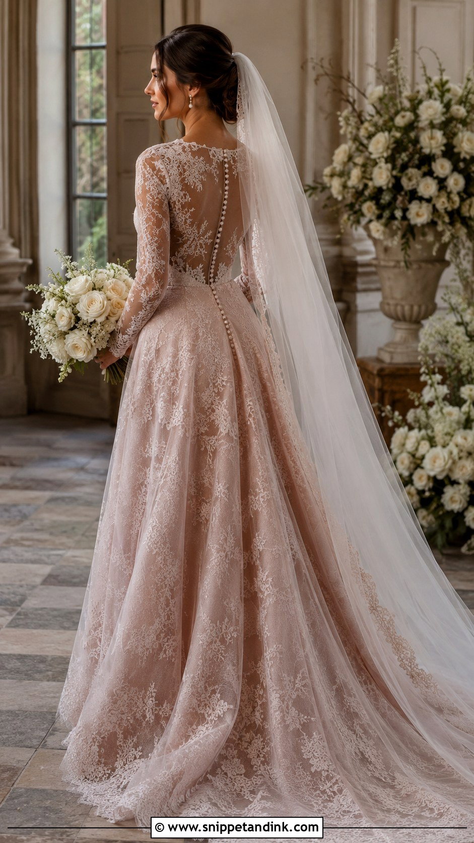 Dusty Rose Long Sleeve Lace Wedding Dress With Pearl Accessories - Snippet and Ink - 20 Dusty Rose Wedding Dress Ideas