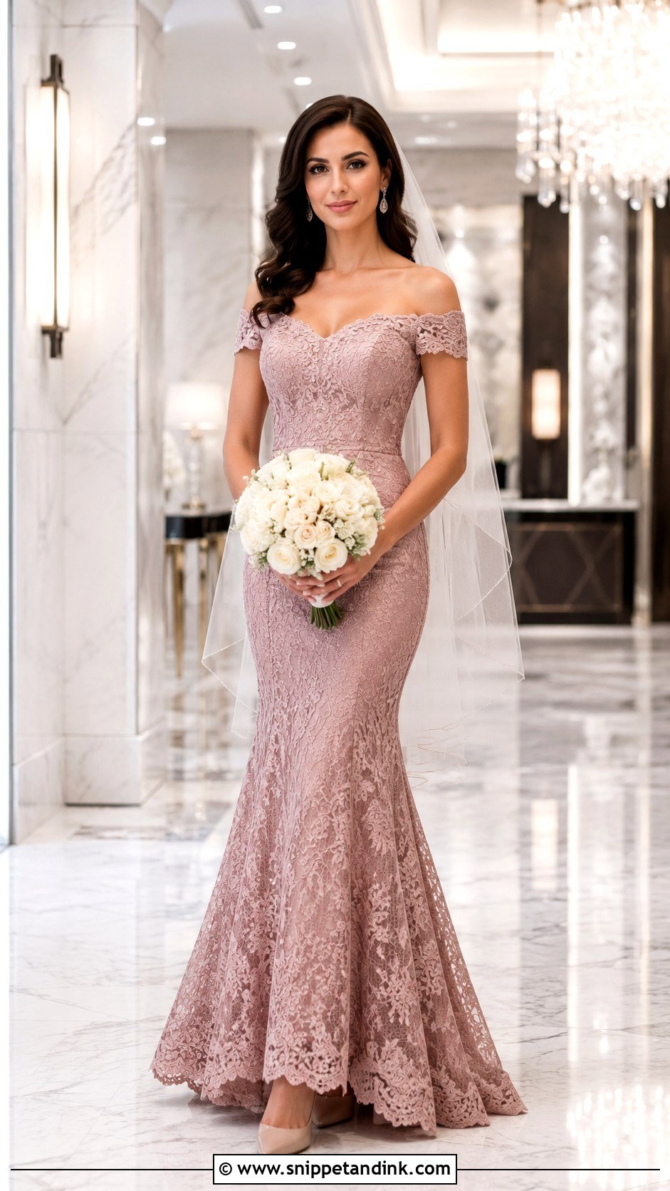 Dusty Rose Mermaid Wedding Dress With Off Shoulder Sleeves - Snippet and Ink - 20 Dusty Rose Wedding Dress Ideas