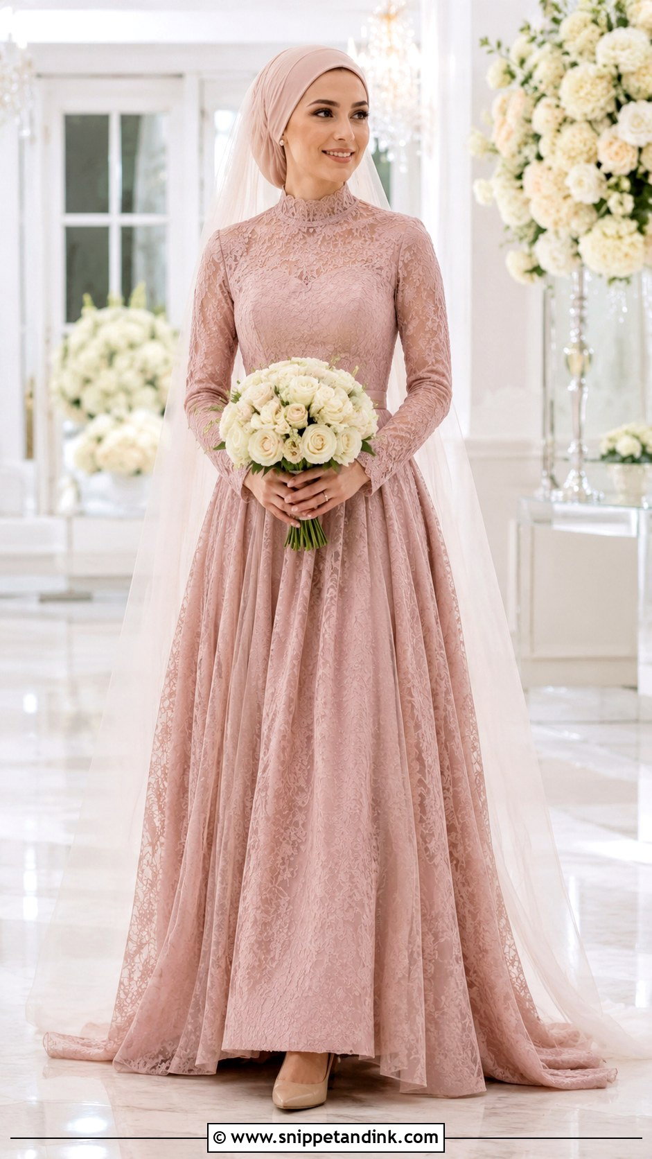 Dusty Rose Modest Wedding Dress With High Neck - Snippet and Ink - 20 Dusty Rose Wedding Dress Ideas