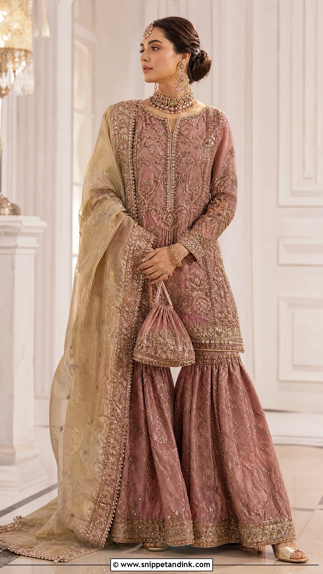 Dusty Rose Nikkah Gharara With Antique Gold Work - Snippet and Ink - 20 Nikkah Gharara Outfit Ideas