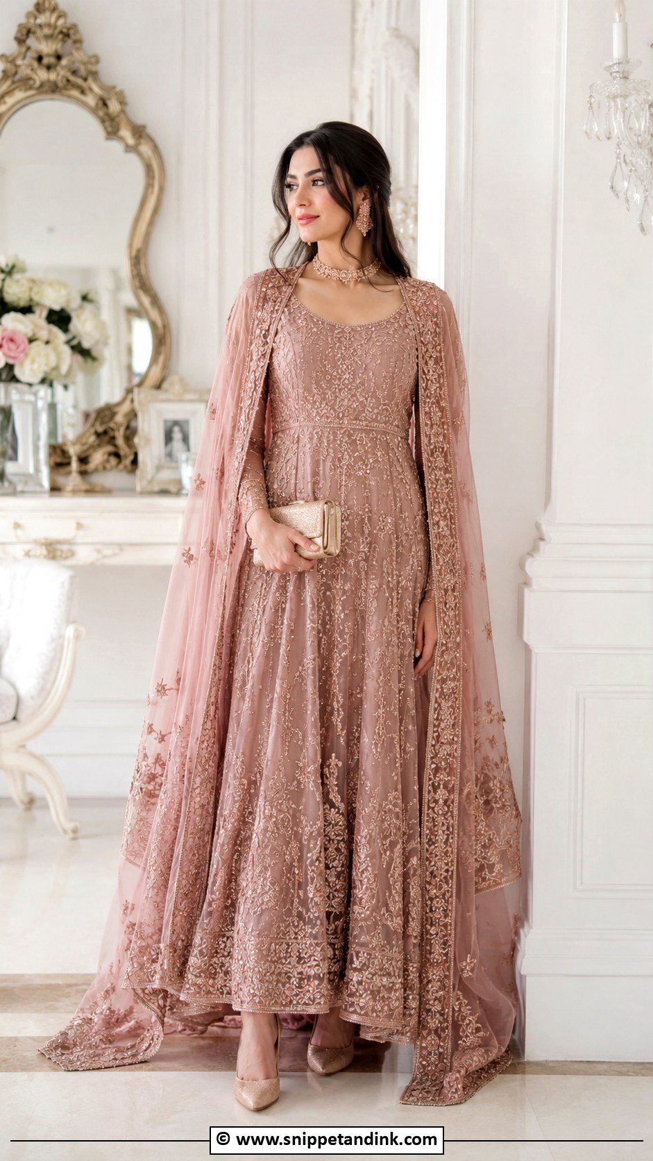 Dusty Rose Nikkah Maxi With Cape Dupatta - Snippet and Ink - 30 Nikkah Look Ideas
