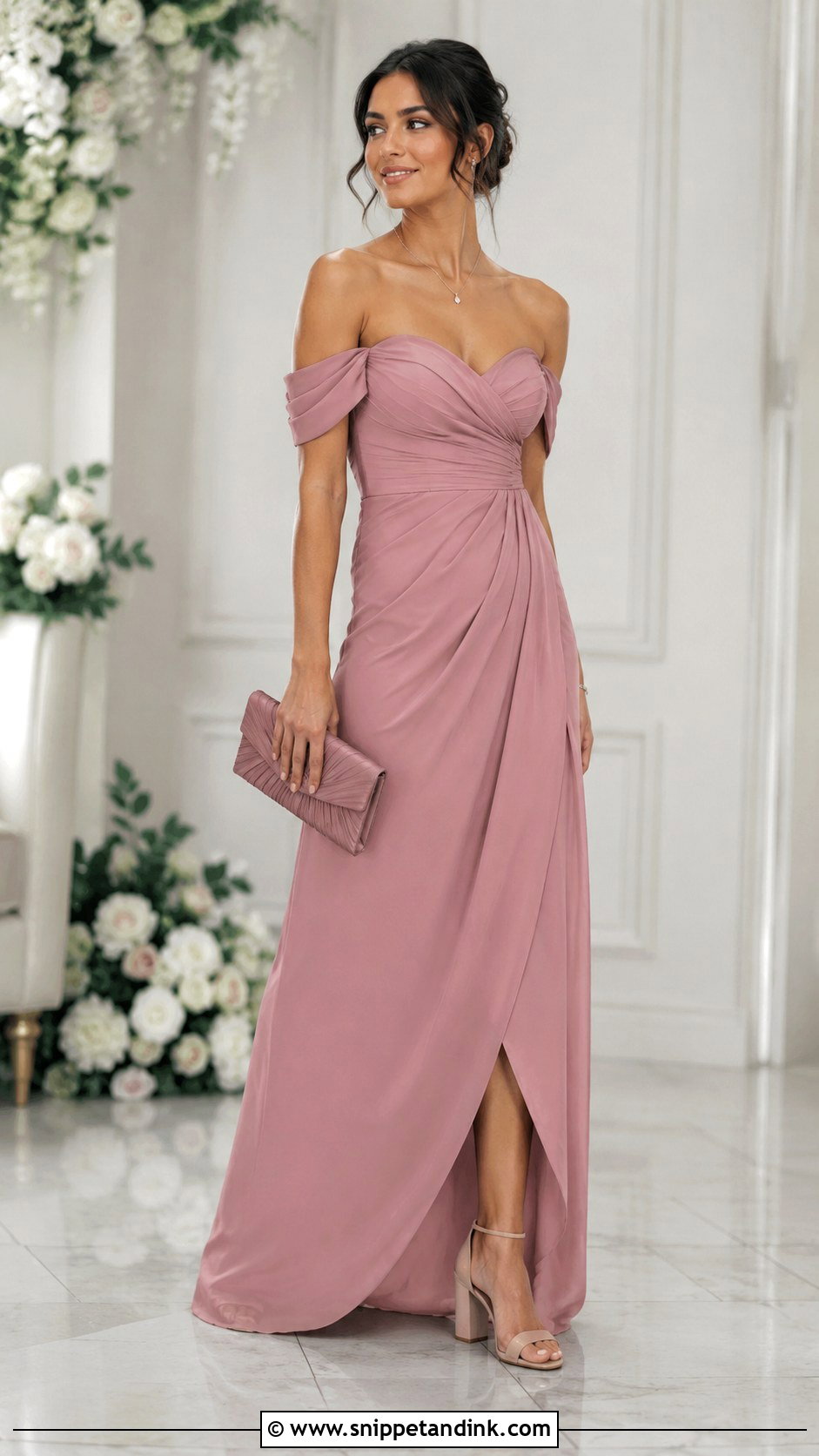 Dusty Rose Off Shoulder Gown - Snippet and Ink - 30 Pink Gowns