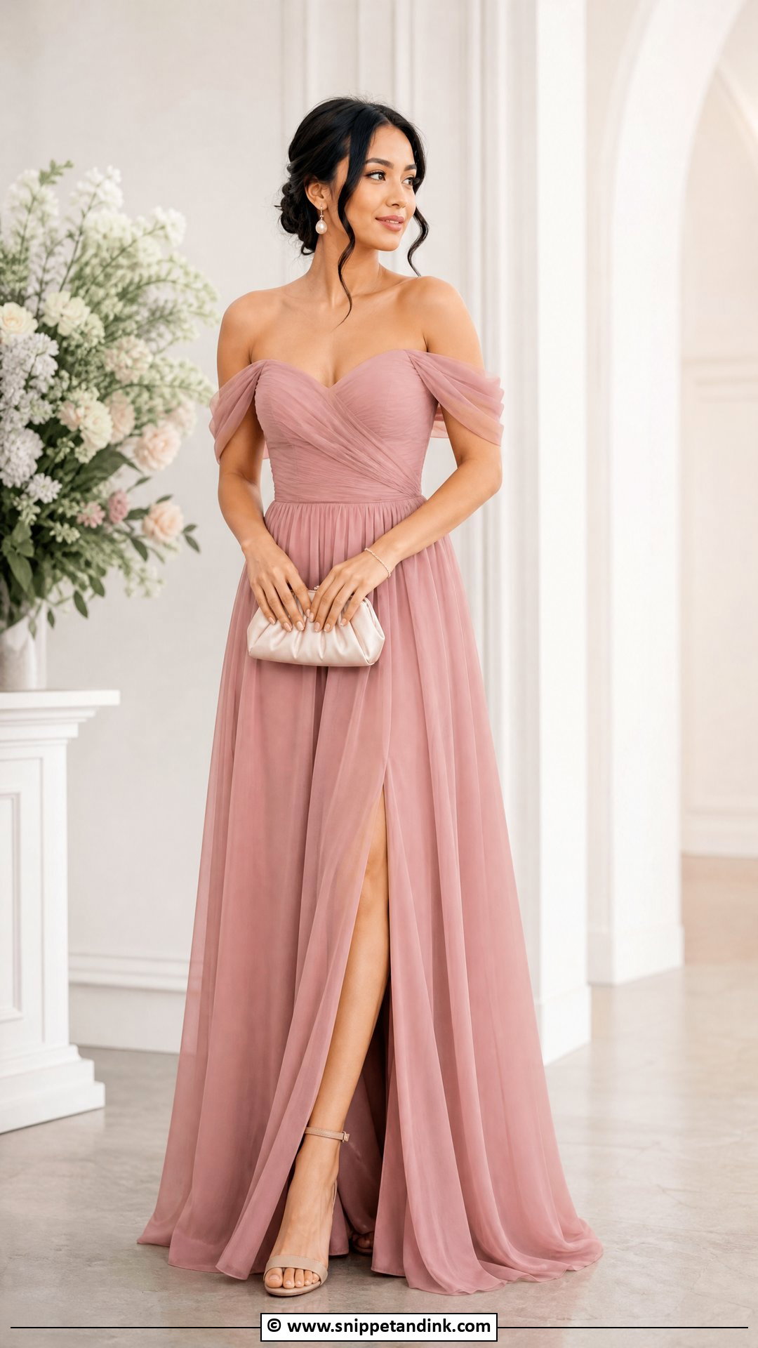 Dusty Rose Off Shoulder Maid Of Honour Dress - Snippet and Ink - 35 Maid of Honour Dresses