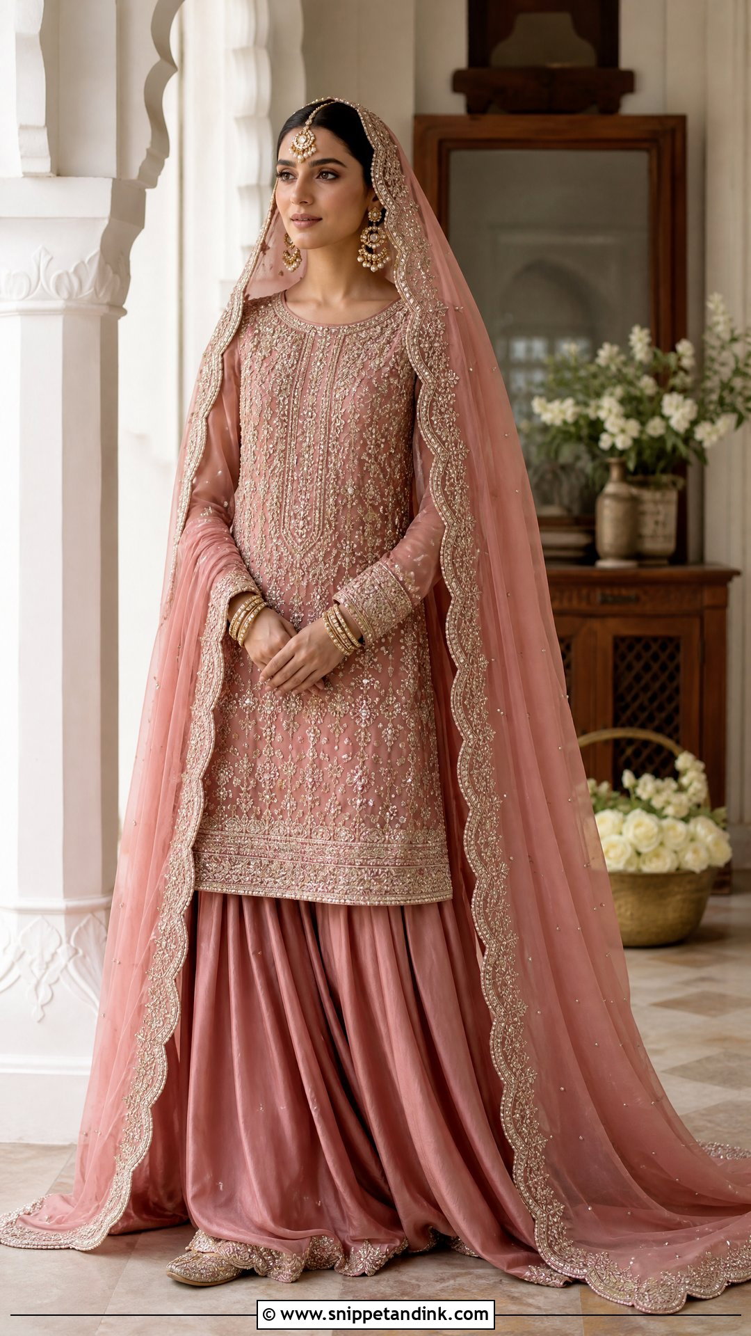 Dusty Rose Pakistani Bridal Farshi Shalwar - Snippet and Ink - 20 Pakistani Bridal Wedding Dresses