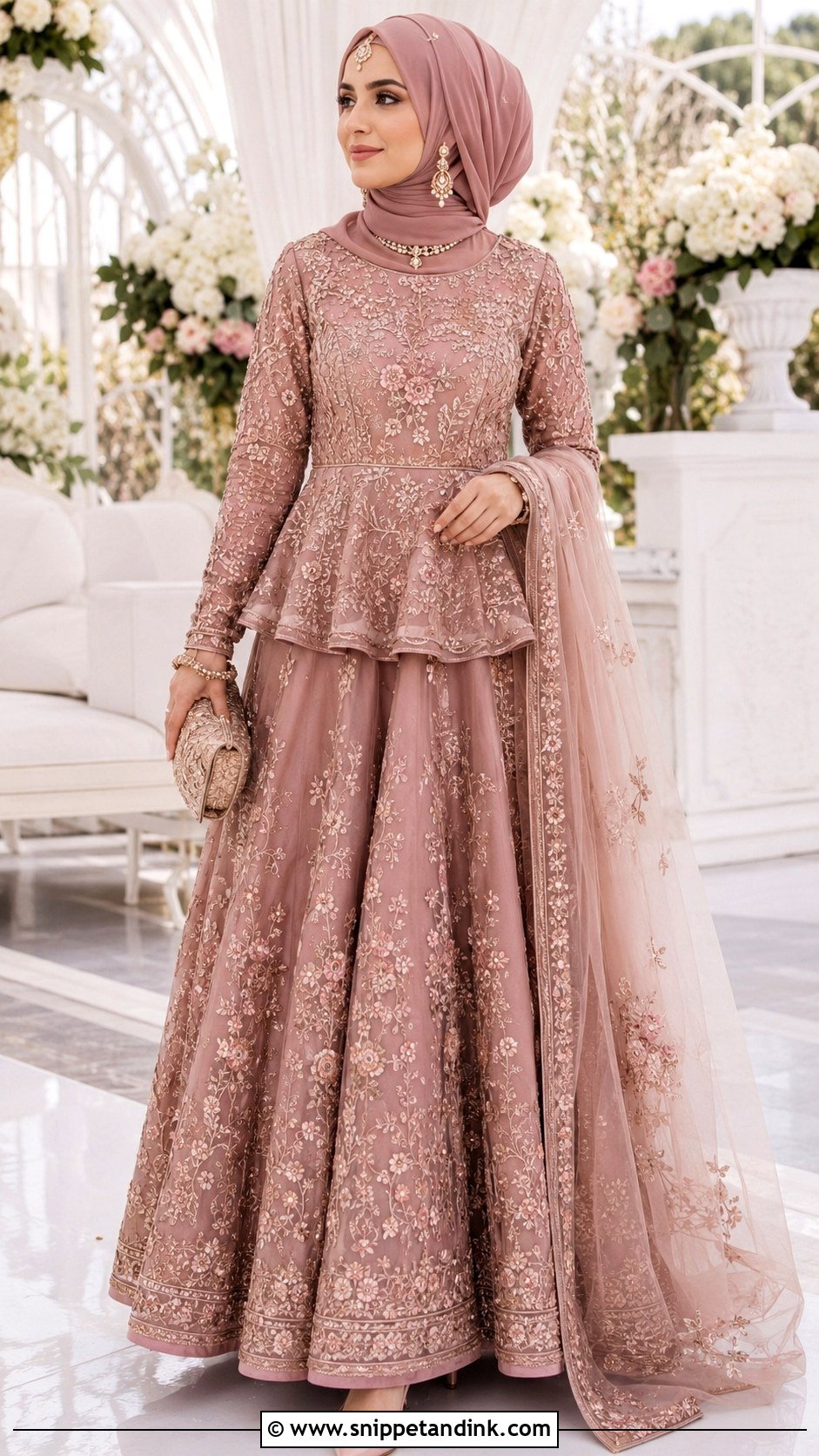 Dusty Rose Peplum Hijab Dulhan Look - Snippet and Ink - 20 Hijab Dulhan Ideas