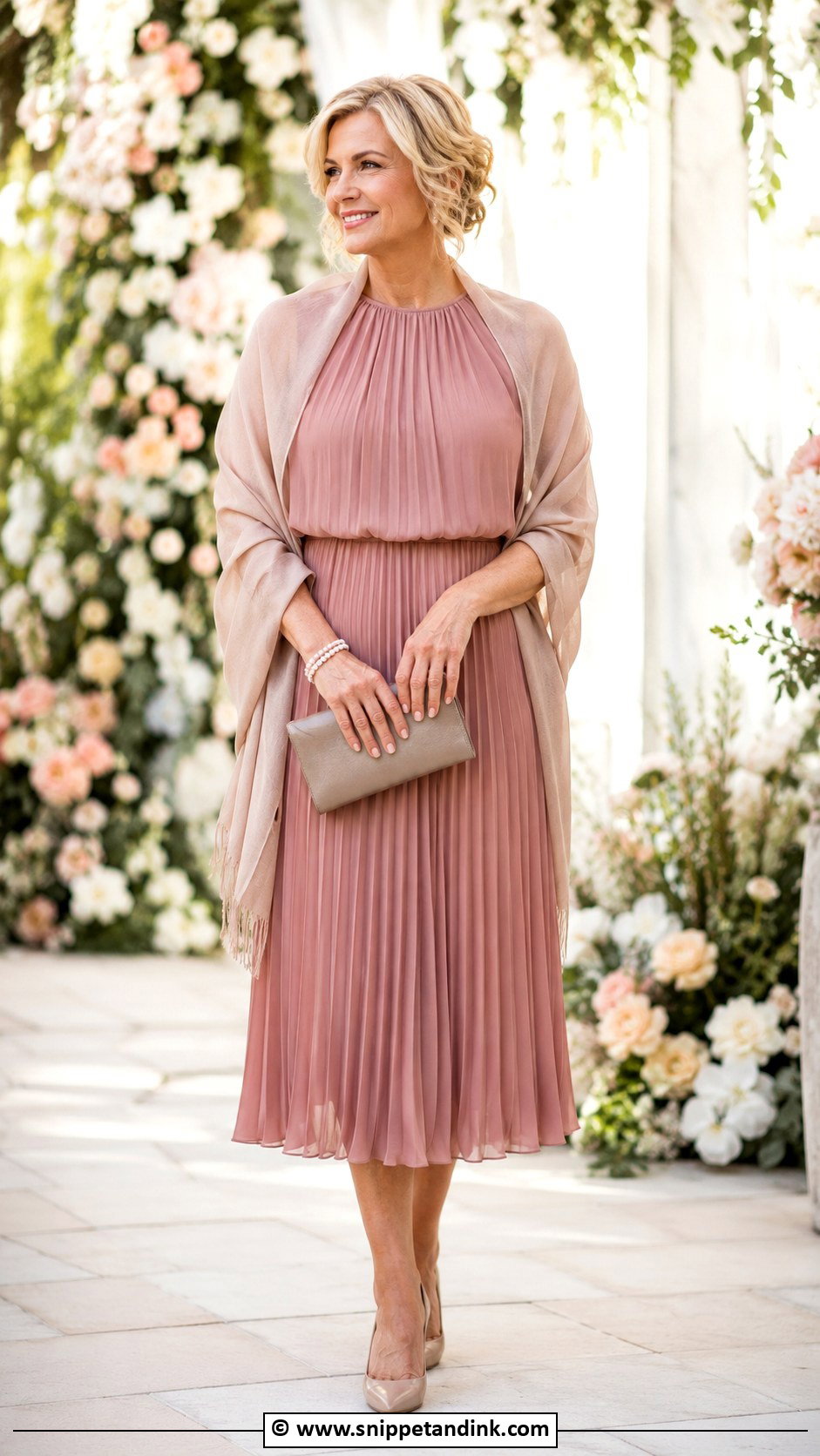 Dusty Rose Pleated Dress Outfit - Snippet and Ink - 25 Grandma Wedding Outfit Ideas