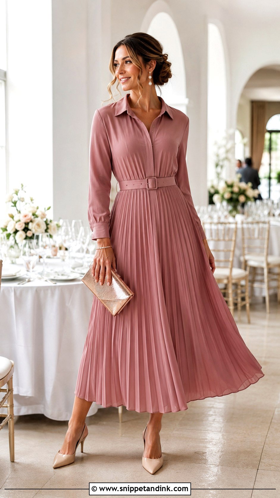 Dusty Rose Pleated Long Shirt Dress With Nude Pumps - Snippet and Ink - 20 Long Shirt Dress for Wedding Ideas