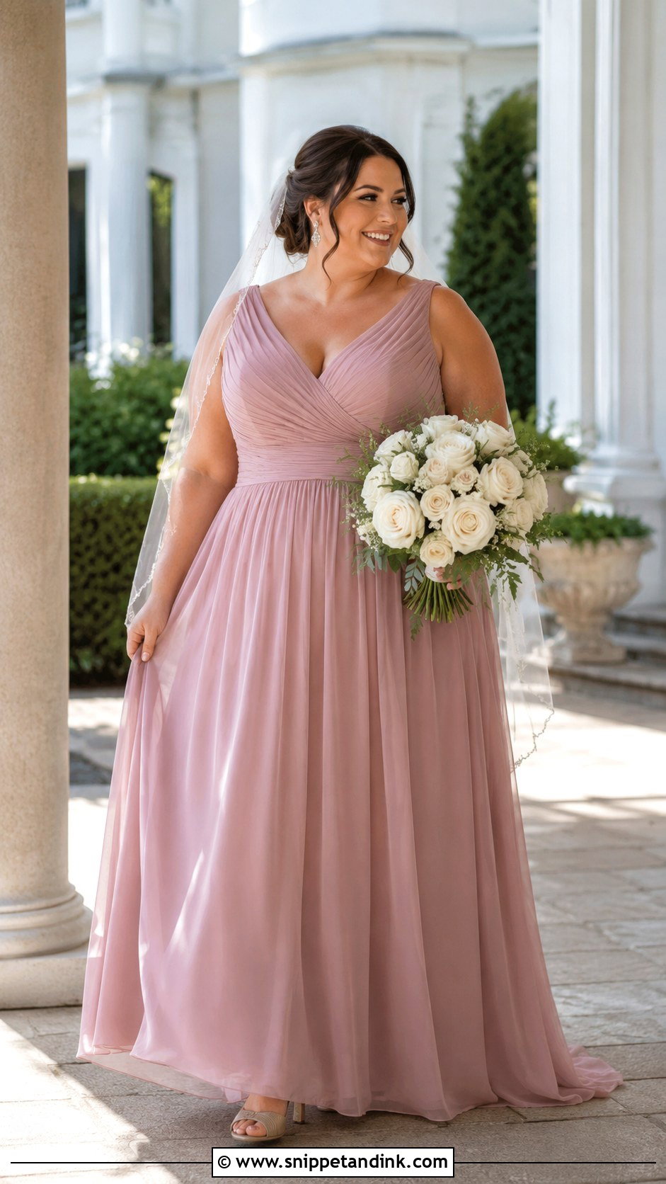 Dusty Rose Plus Size Wedding Dress With Ruched Bodice - Snippet and Ink - 20 Dusty Rose Wedding Dress Ideas