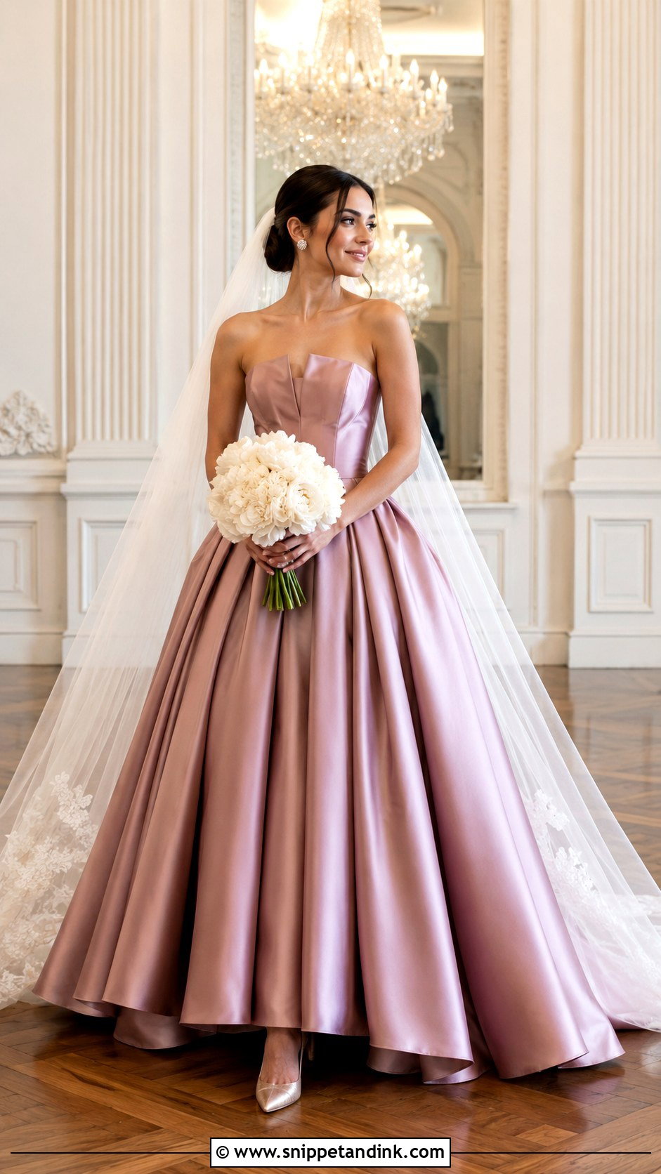 Dusty Rose Satin Ball Gown With Cathedral Veil - Snippet and Ink - 20 Dusty Rose Wedding Dress Ideas