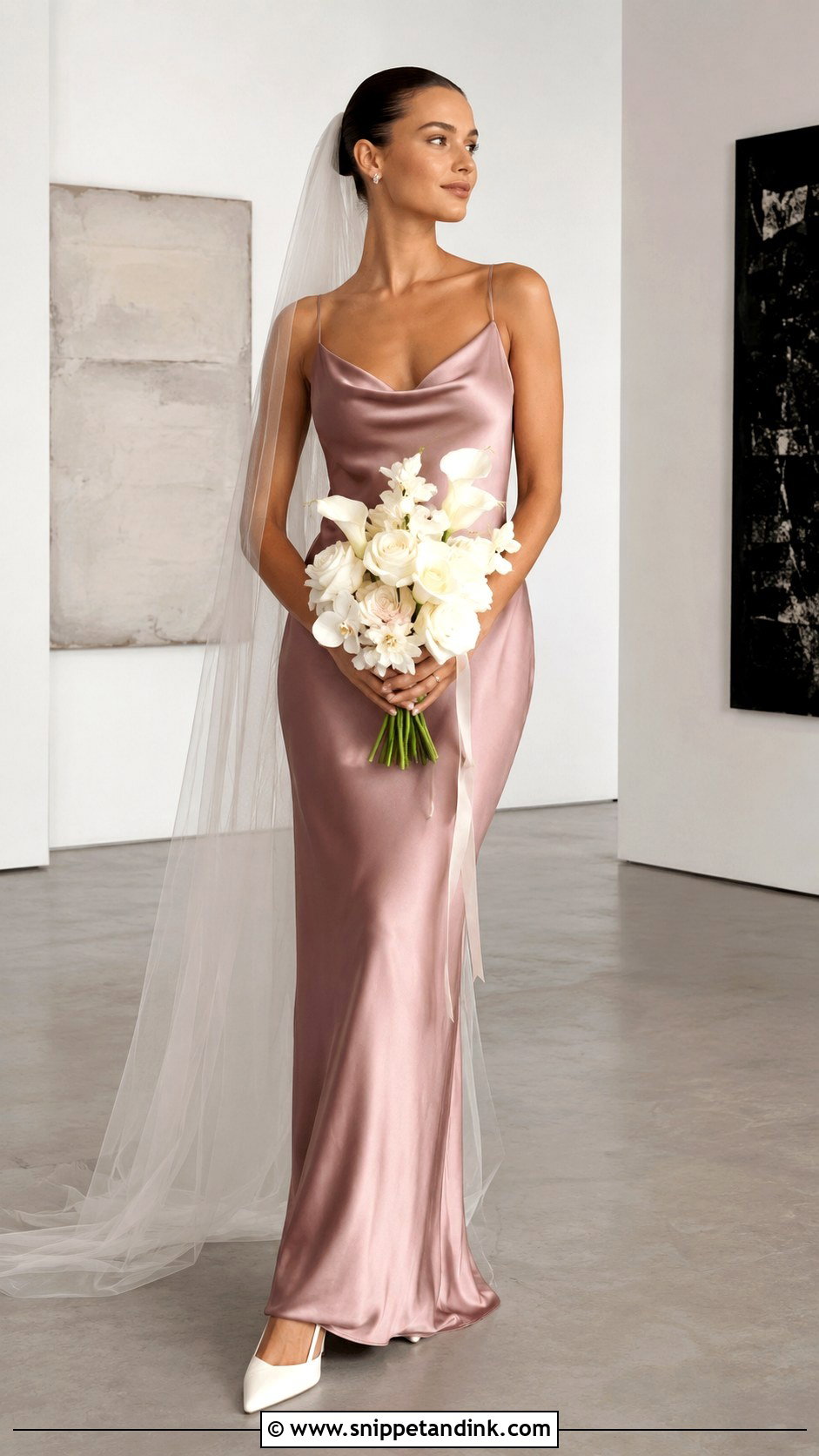 Dusty Rose Slip Wedding Dress With Sheer Veil - Snippet and Ink - 20 Dusty Rose Wedding Dress Ideas