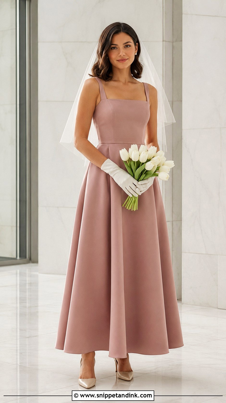 Dusty Rose Square Neck Wedding Dress With Satin Gloves - Snippet and Ink - 20 Dusty Rose Wedding Dress Ideas