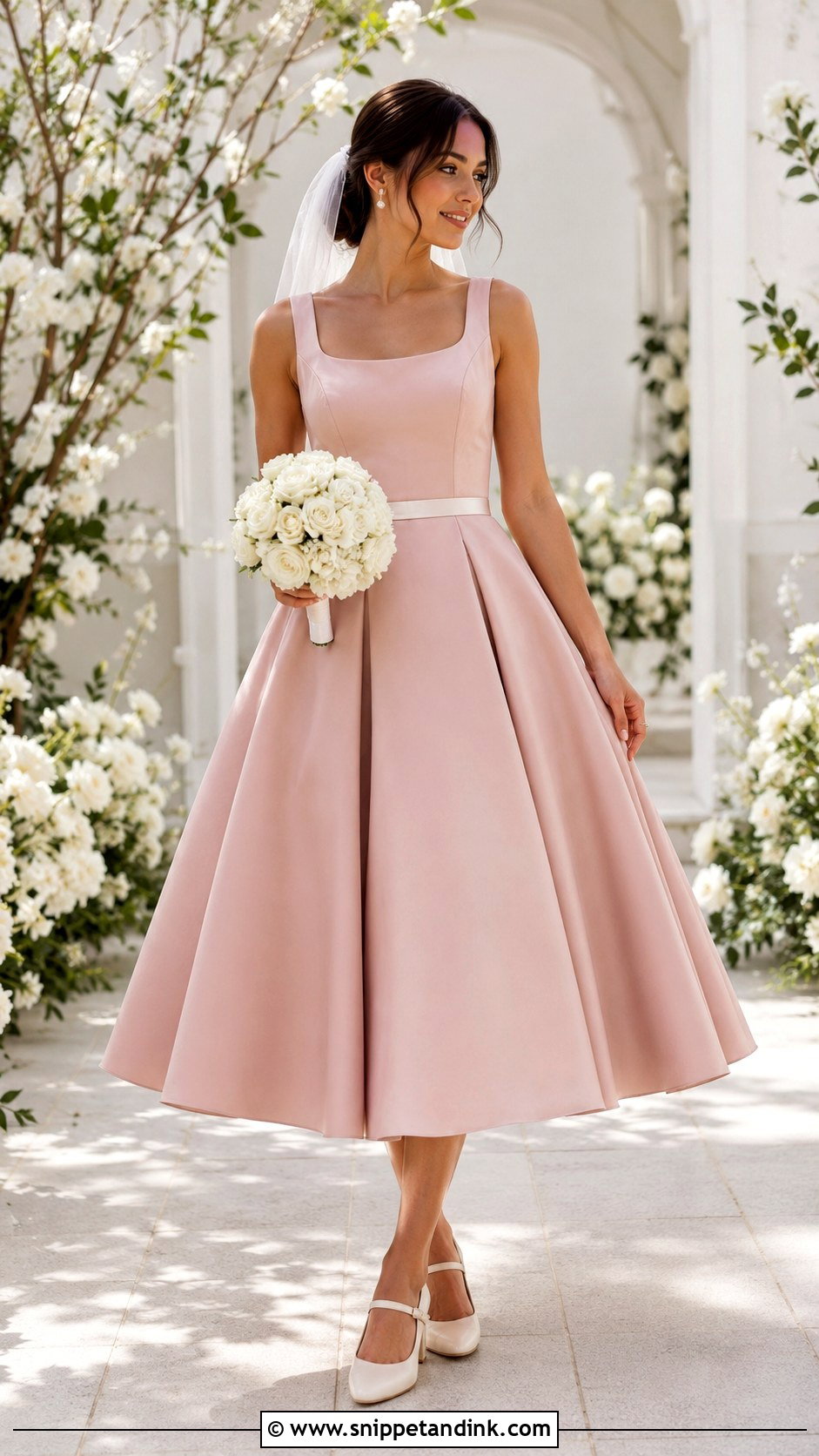 Dusty Rose Tea Length Wedding Dress With Block Heels - Snippet and Ink - 20 Dusty Rose Wedding Dress Ideas