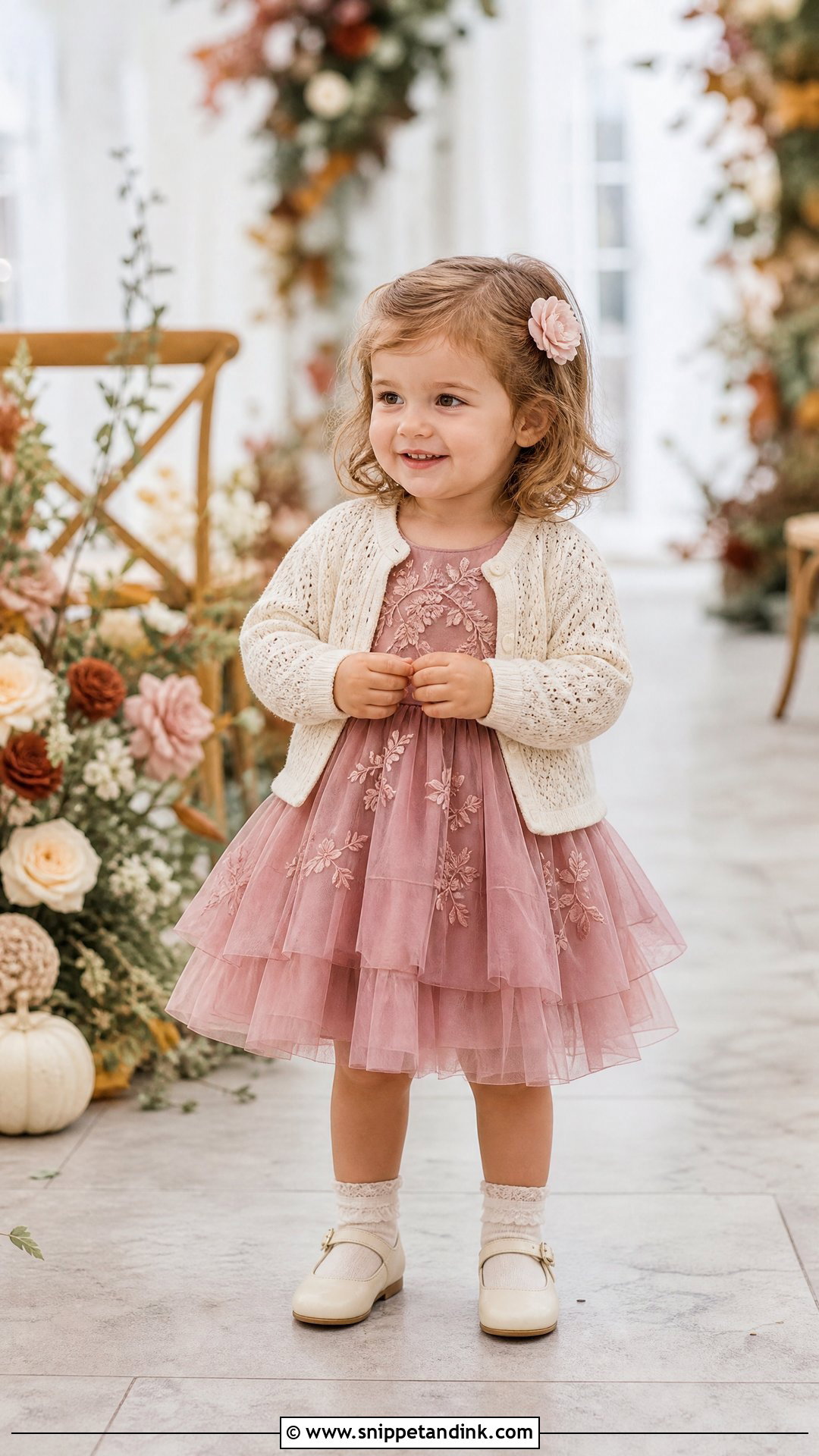 Dusty Rose Toddler Wedding Dress With Cream Cardigan - Snippet and Ink - 20 Toddler Wedding Dress Ideas