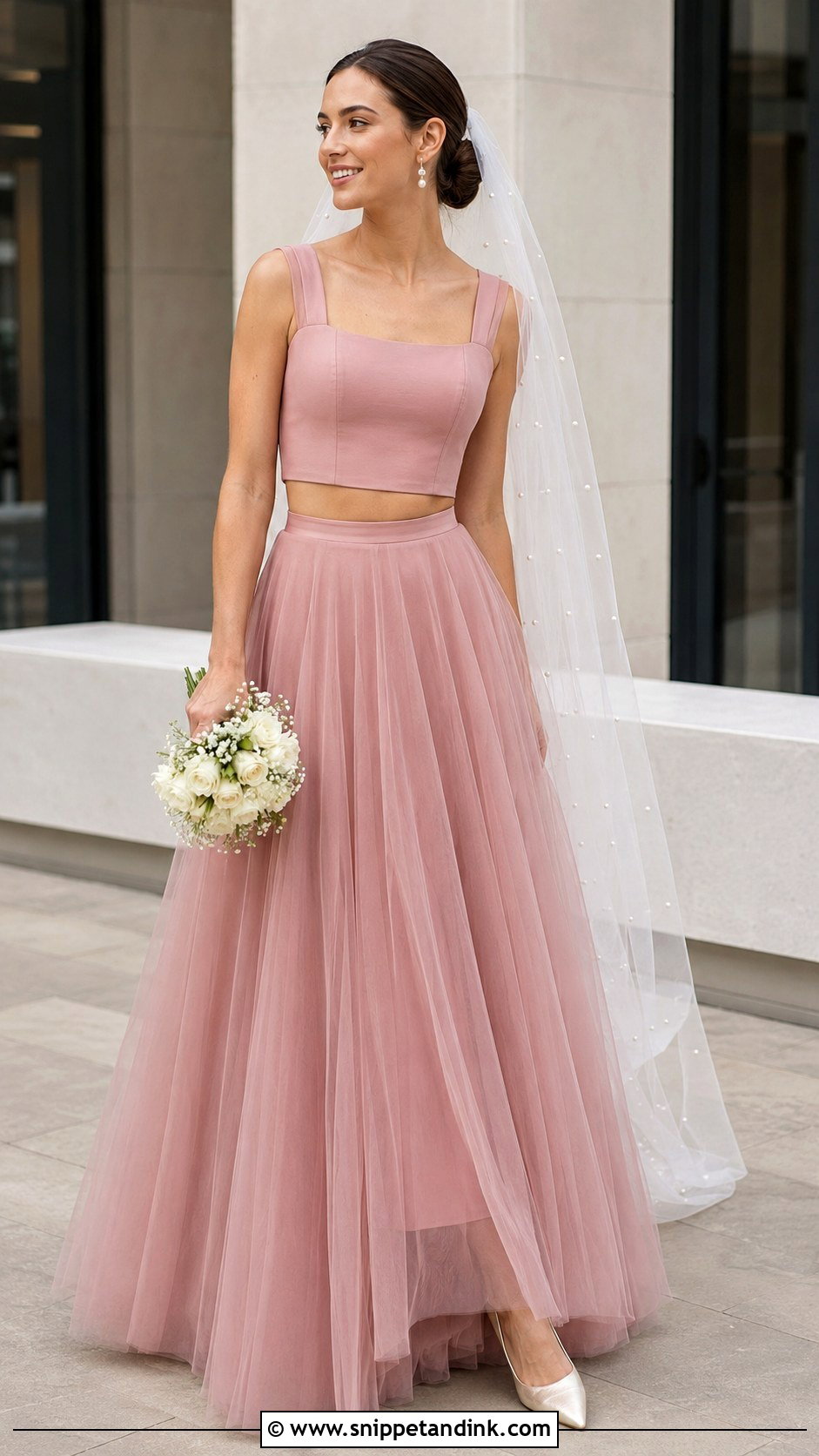 Dusty Rose Two Piece Wedding Dress With Pearl Veil - Snippet and Ink - 20 Dusty Rose Wedding Dress Ideas
