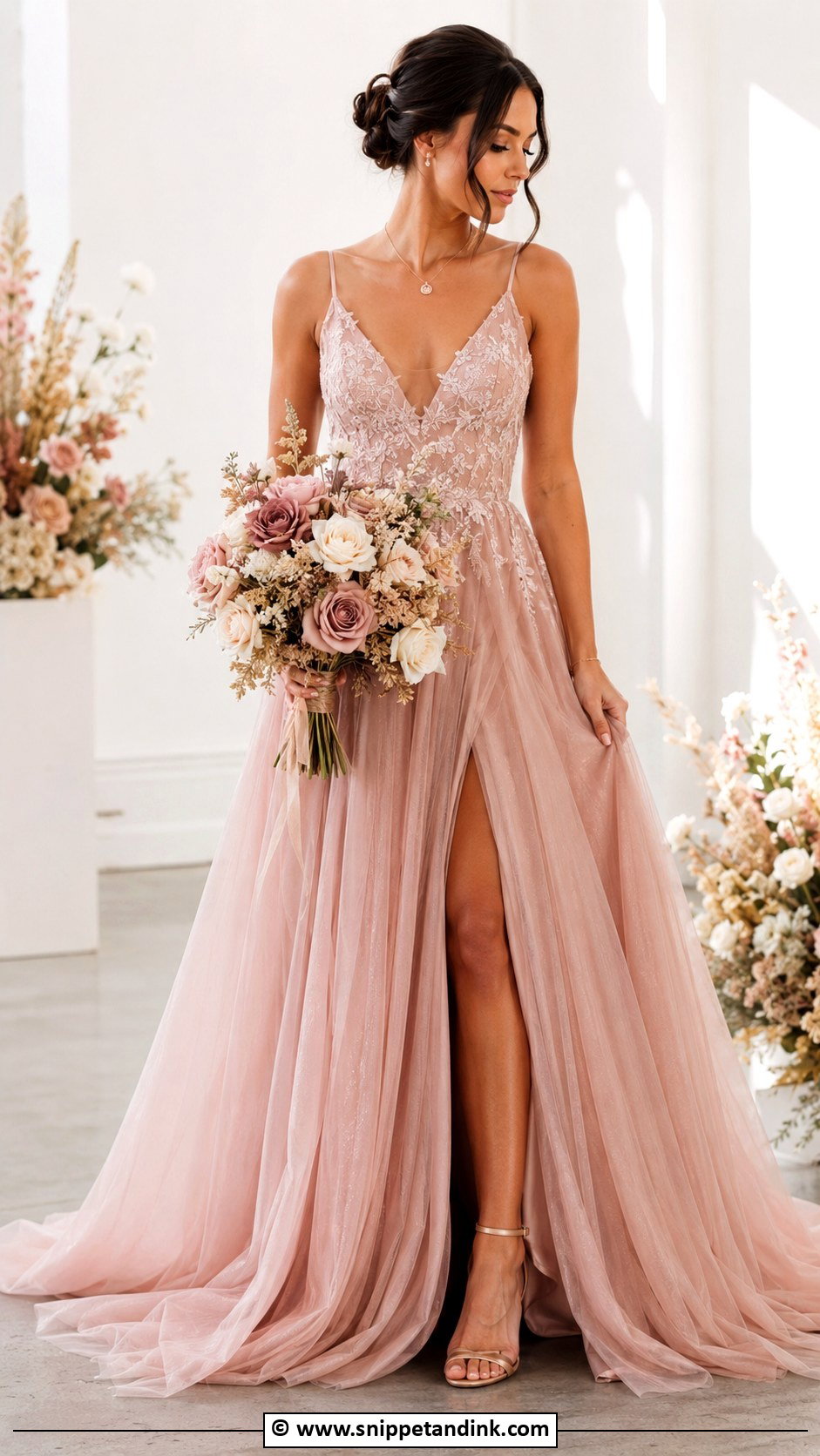 Dusty Rose Wedding Dress With Rose Gold Jewelry - Snippet and Ink - 30 Colorful Wedding Dress Ideas