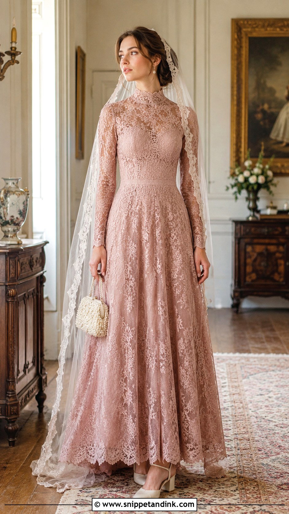 Dusty Rose Wedding Dress With Vintage Accessories - Snippet and Ink - 20 Colorful Wedding Dresses