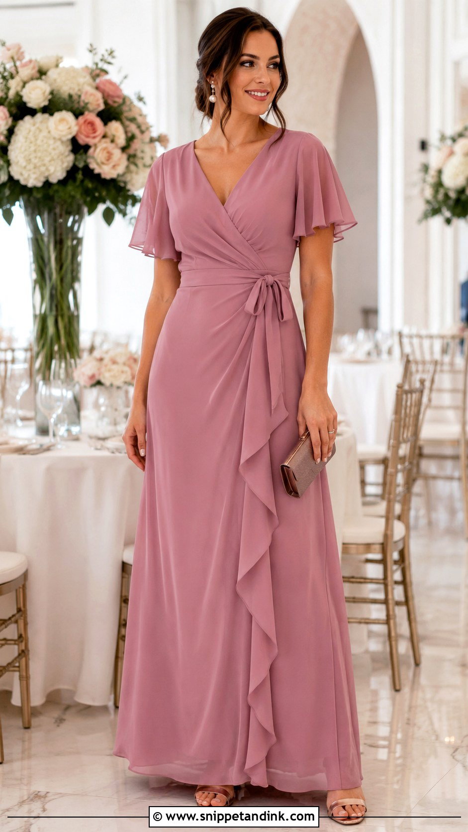 Dusty Rose Wrap Wedding Guest Gown - Snippet and Ink - 20 Black Tie Wedding Dresses