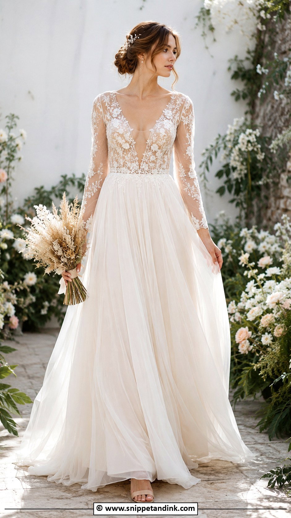 Earthy Sheer Sleeve Wedding Dress - Snippet and Ink - 30 Earthy Wedding Dresses