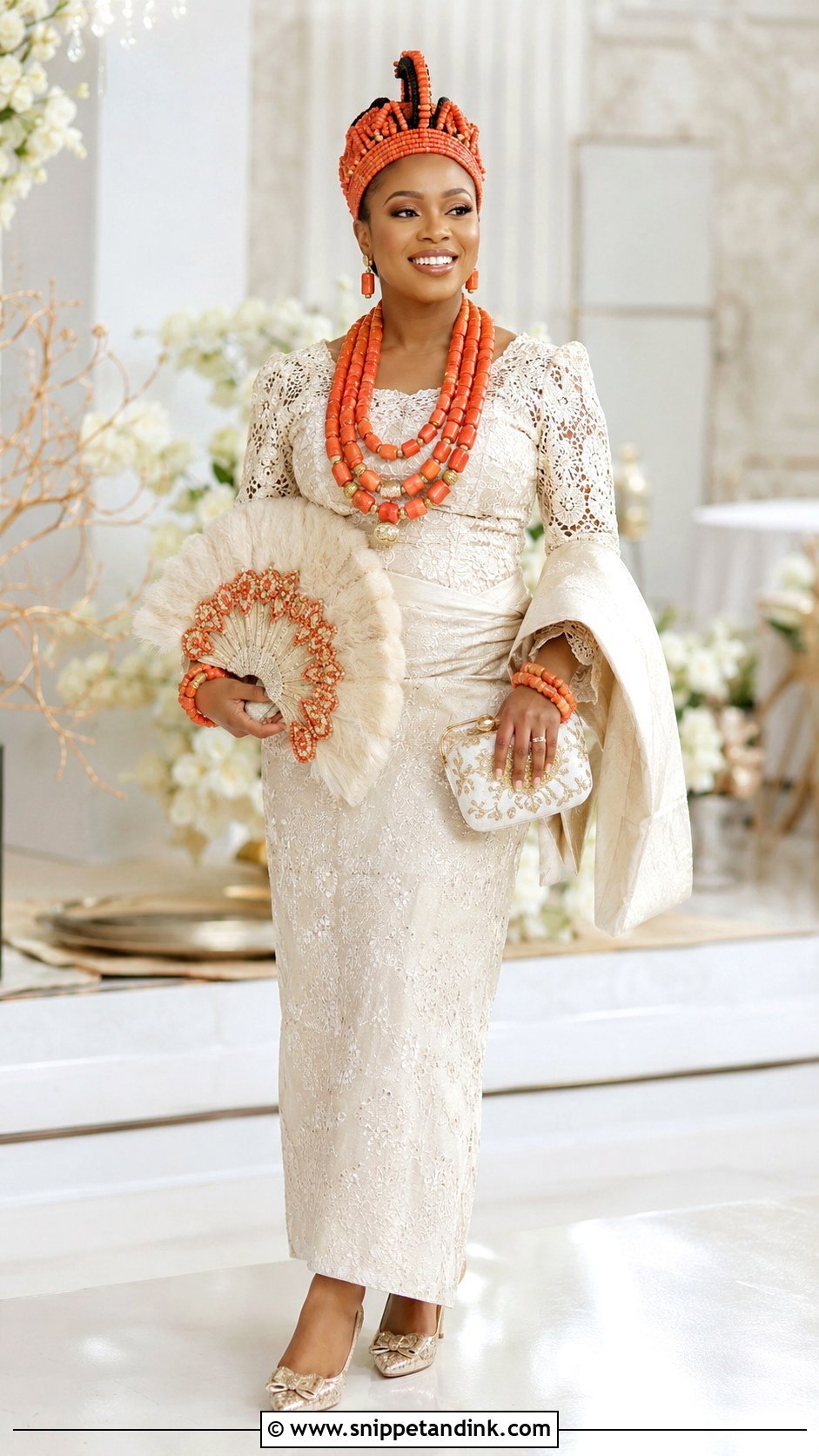 Edo Bride Ivory Lace Coral Crown Outfit - Snippet and Ink - 20 Nigeria Bride Traditional Dress Ideas