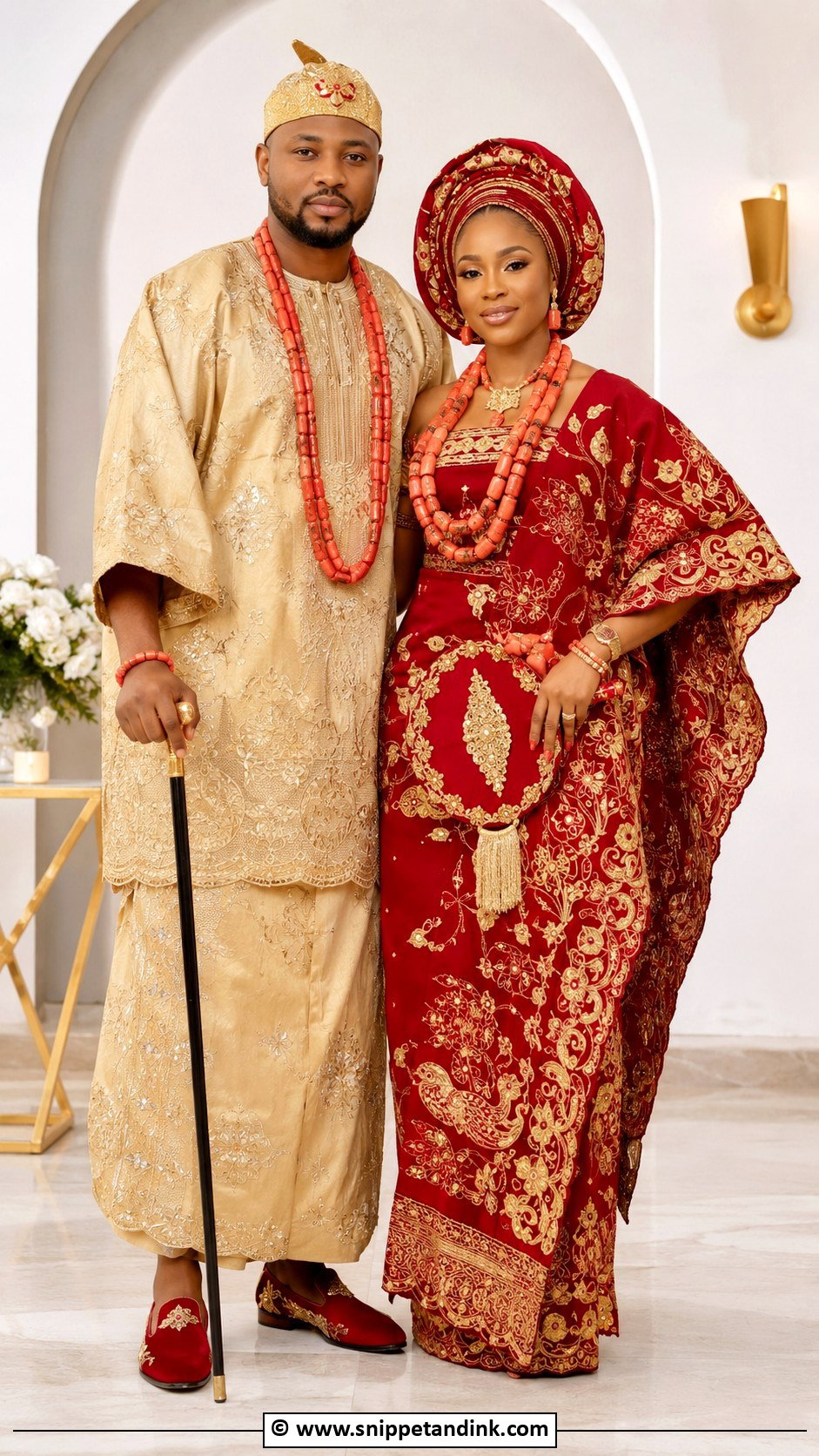Edo Bride Red And Gold Couple Outfit - Snippet and Ink - 30 Edo Traditional Wedding Attire Ideas