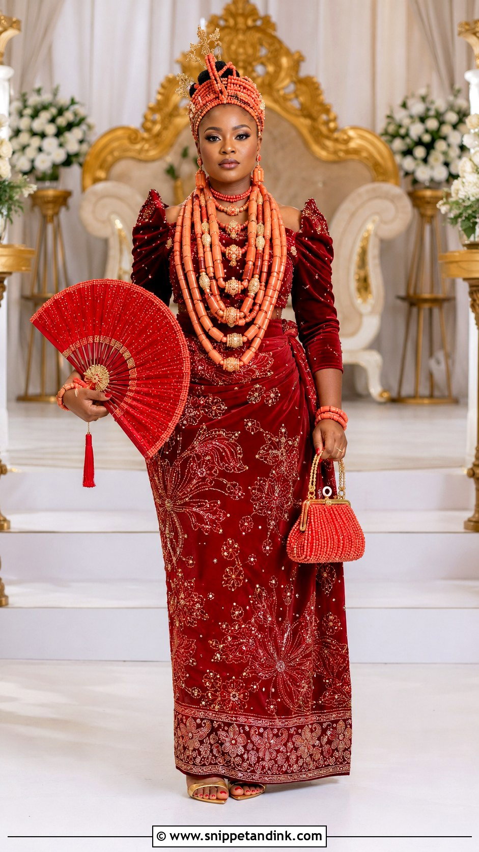 Edo Bride Red Velvet Coral Bead Outfit - Snippet and Ink - 20 Nigeria Bride Traditional Dress Ideas