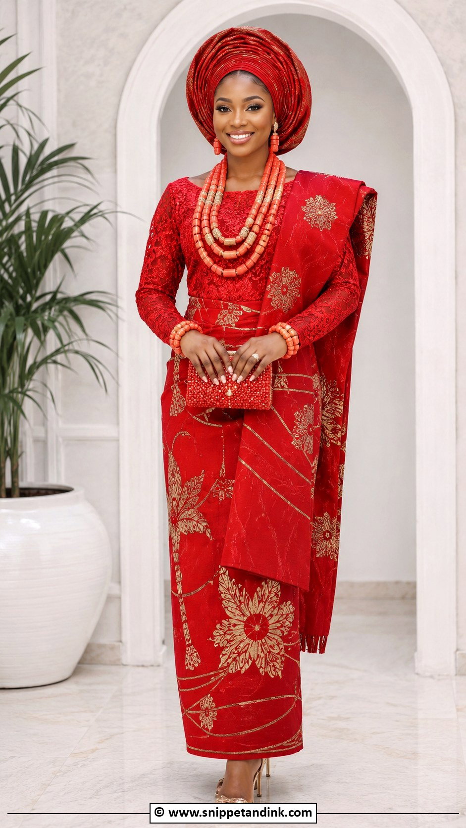 Edo Bride Red Wrapper And Okuku - Snippet and Ink - 30 Edo Traditional Wedding Attire Ideas