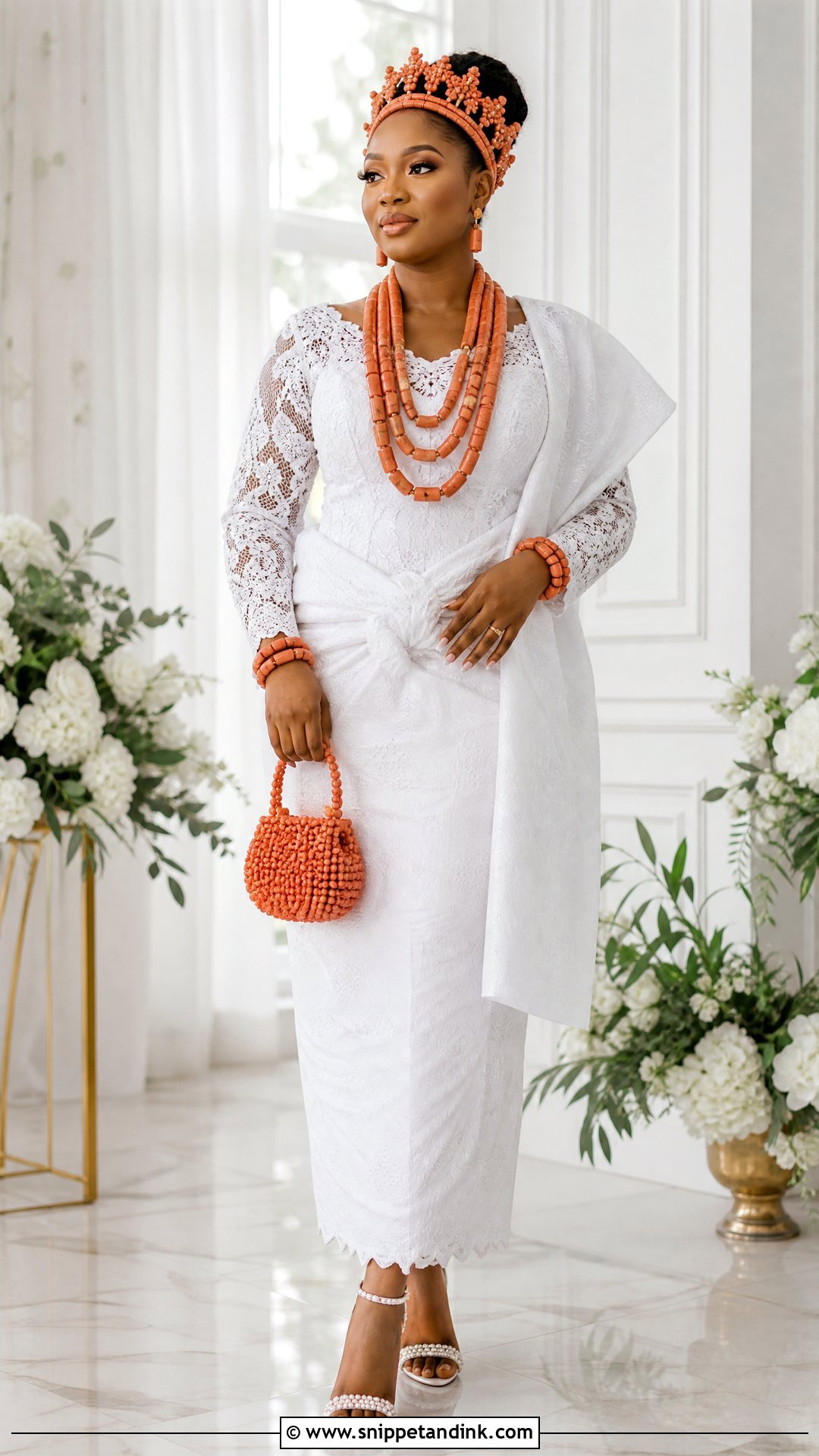 Edo Bride White And Coral Beads Outfit - Snippet and Ink - 25 Edo Bride Outfit Ideas