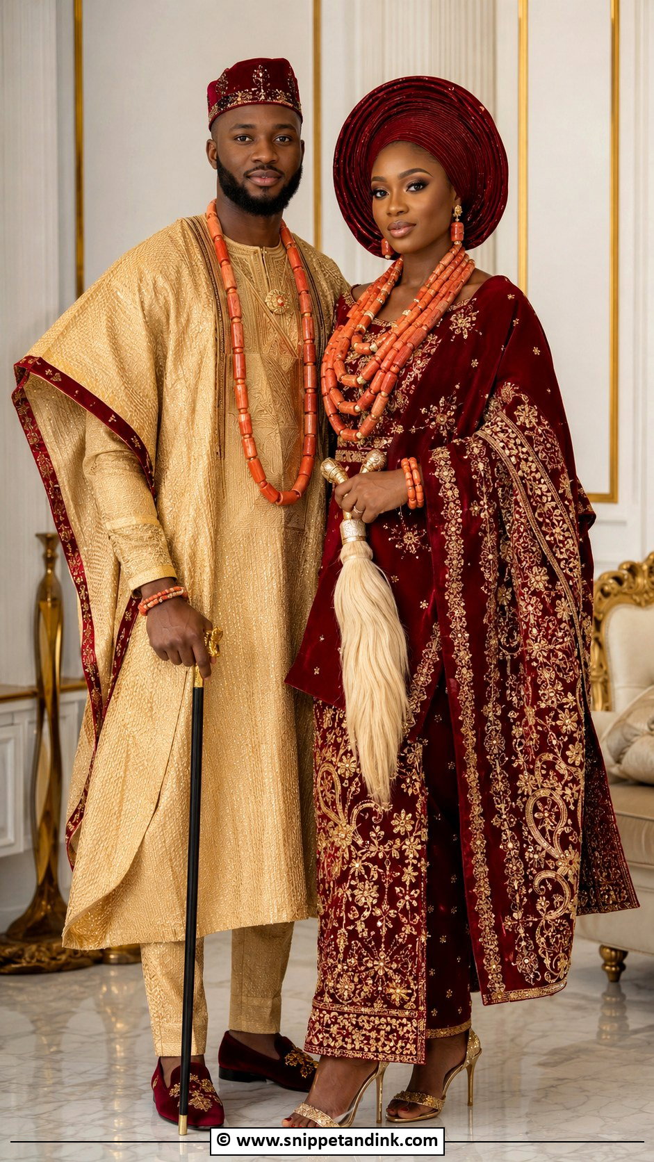 Edo Couple Gold And Burgundy Outfit - Snippet and Ink - 30 Edo Traditional Wedding Attire Ideas
