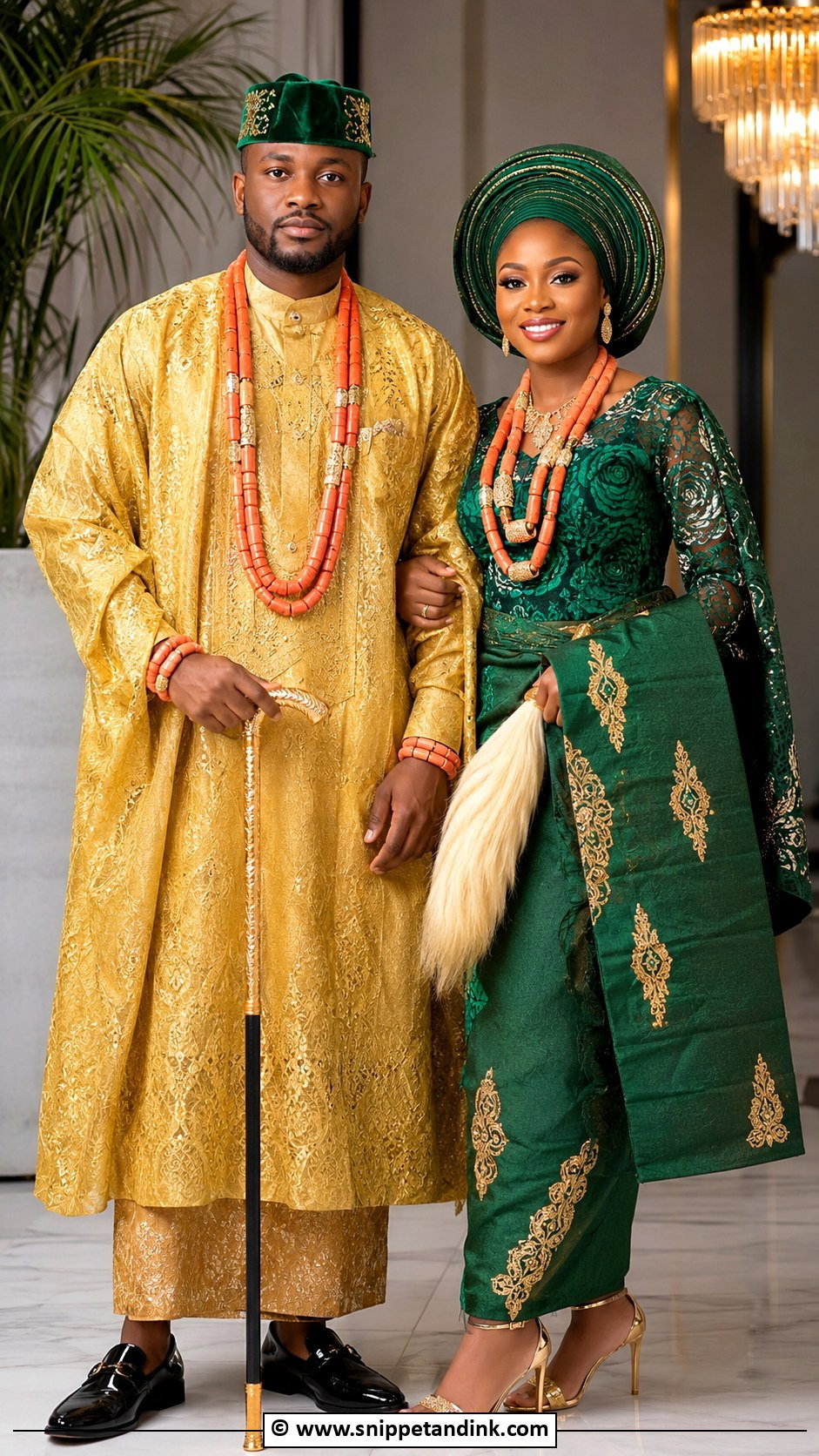 Edo Couple Green And Gold Outfit - Snippet and Ink - 30 Edo Traditional Wedding Attire Ideas