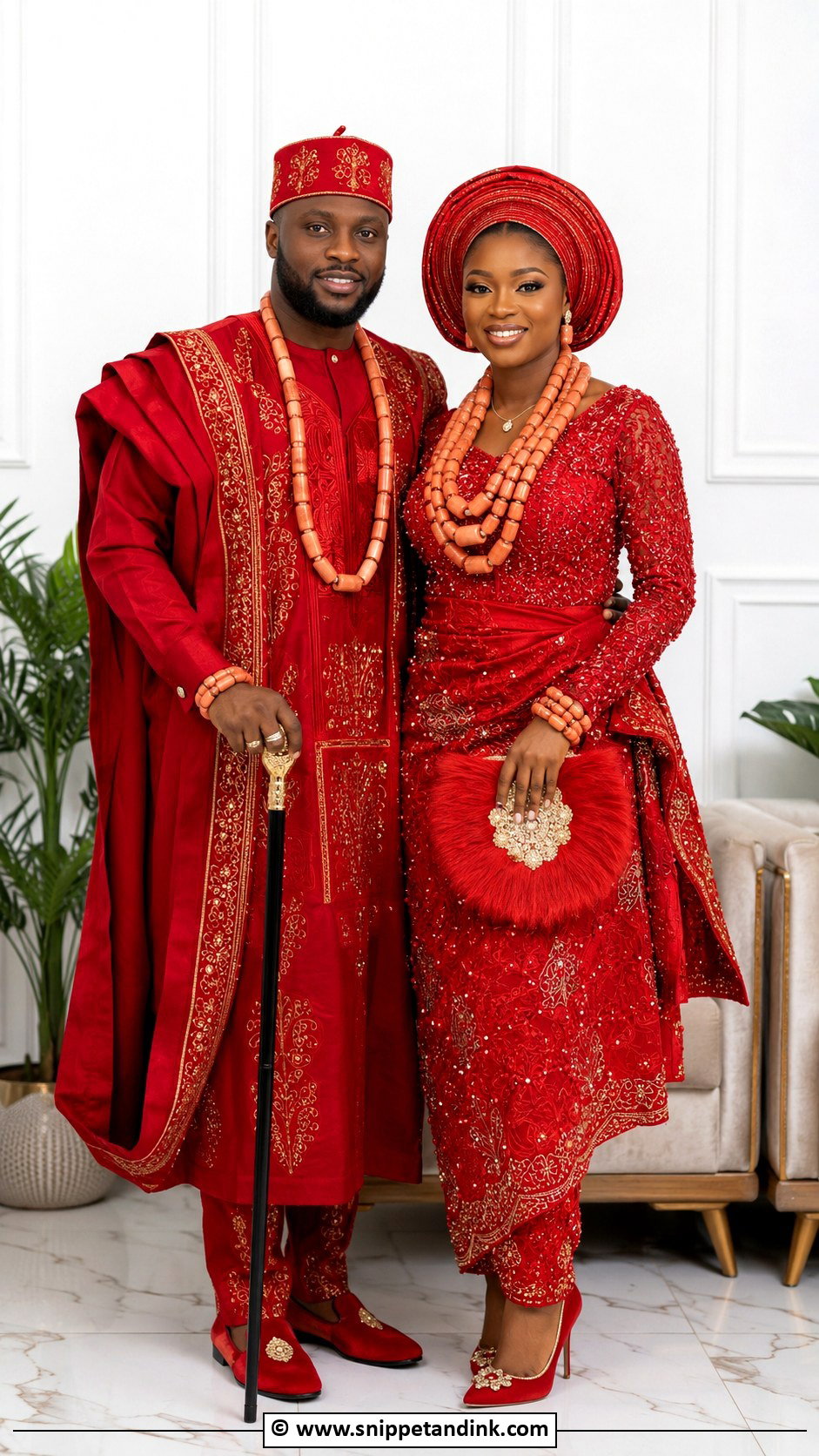 Edo Couple Matching Red Outfit - Snippet and Ink - 30 Edo Traditional Wedding Attire Ideas