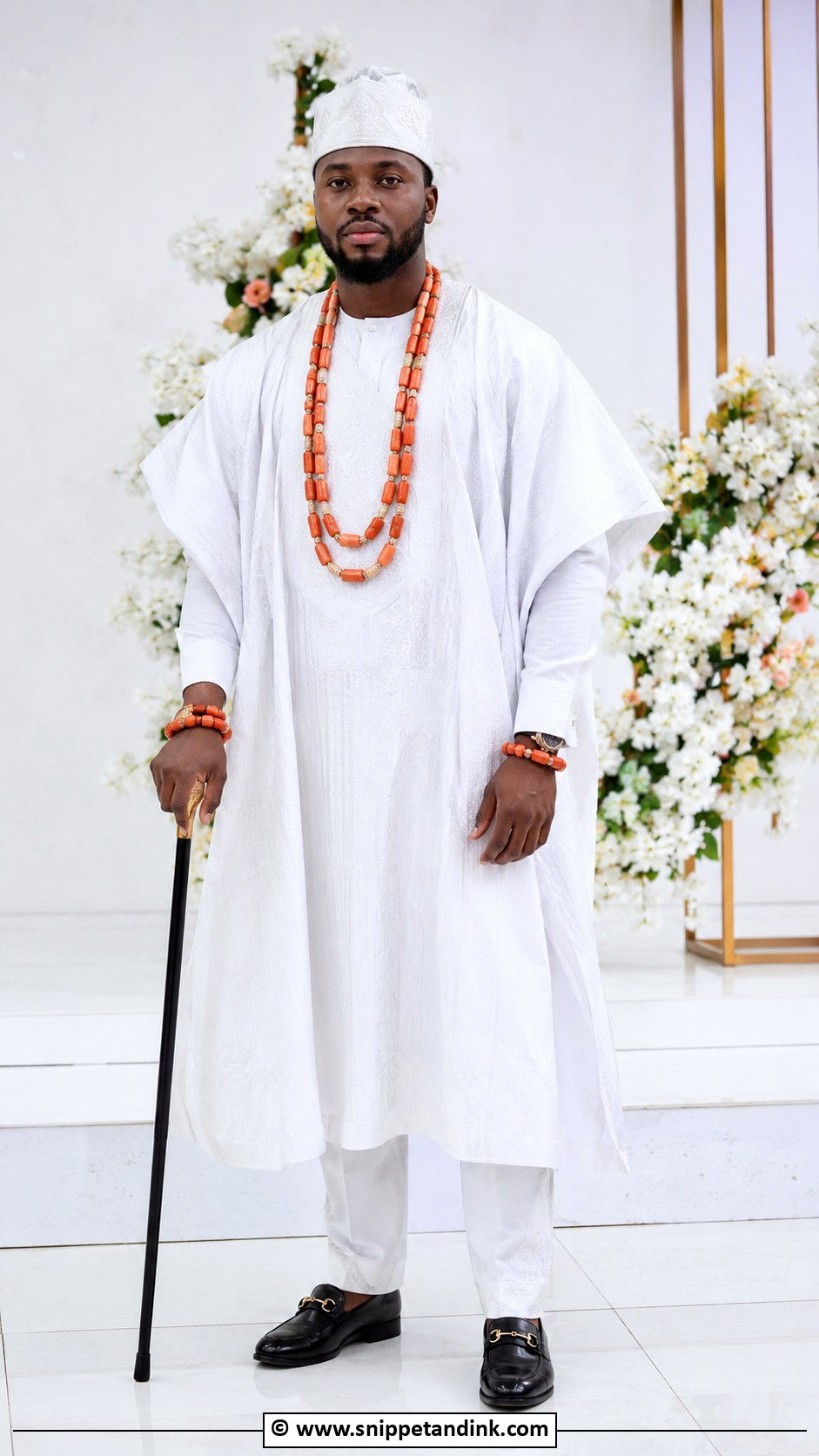 Edo Groom White Agbada And Coral Beads - Snippet and Ink - 30 Edo Traditional Wedding Attire Ideas